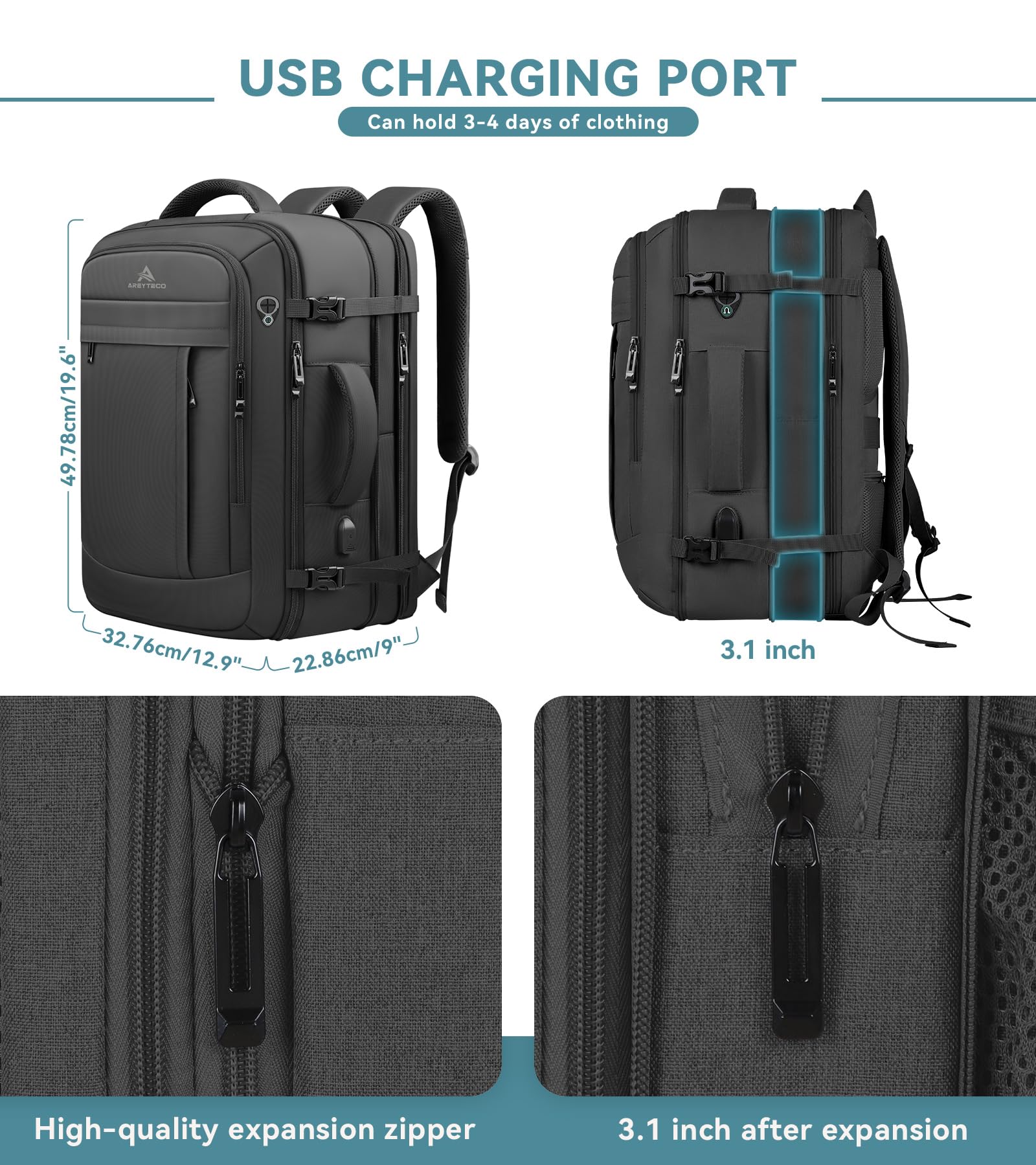 Travel Backpack, 50L Expandable Extra Large Laptop Backpack, Carry On Backpack Airline Approved Water Resistant Business Suitcase Daypack Bag Fits 17 Inch Laptops, Travel Gifts for Men Women, Black