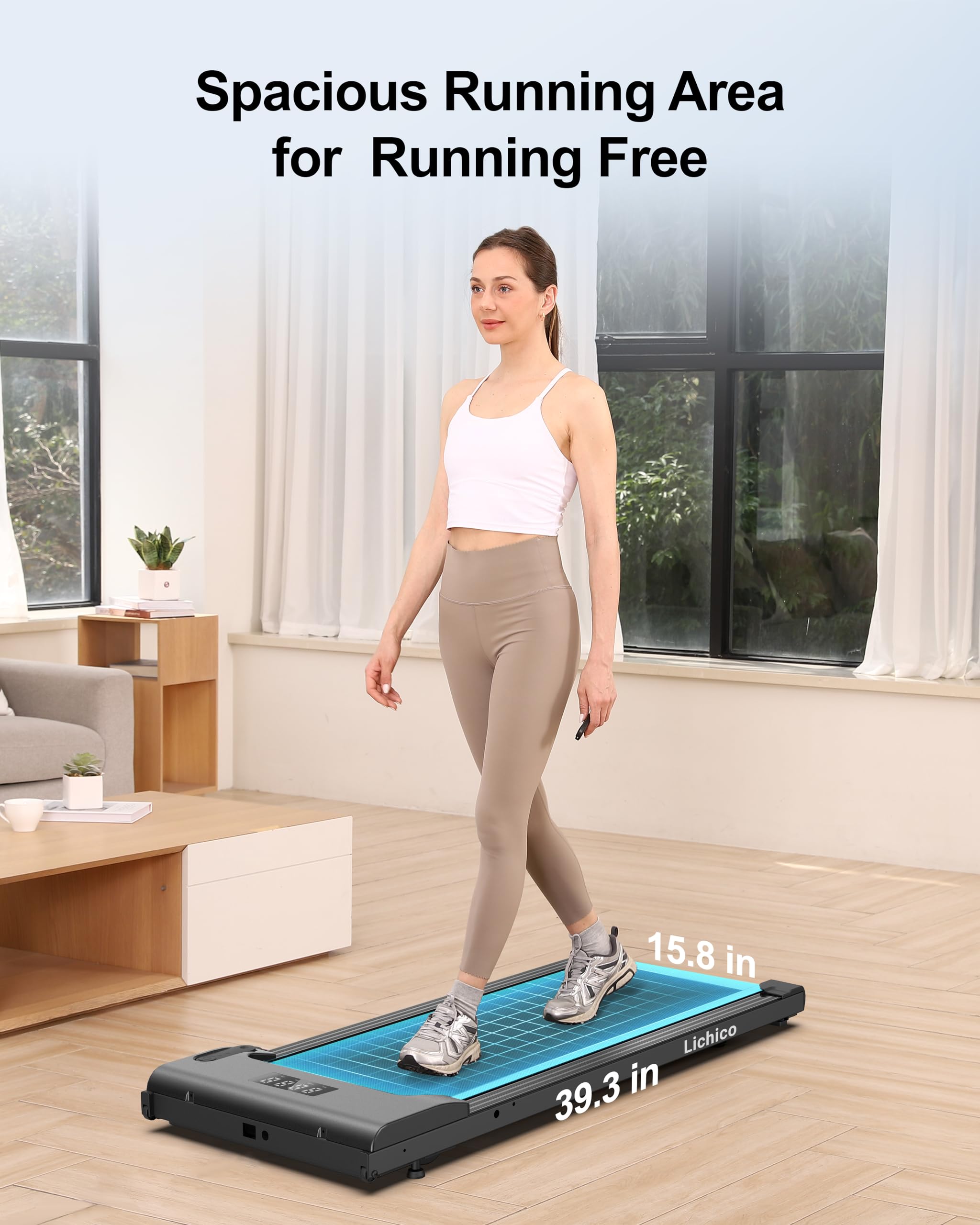 Lichico Walking Pad Under Desk Treadmill, Portable Small Treadmills for Home and Office, 2.5HP Super Quiet Brushless Motorized Walking Jogging Running Machine with Remote Control