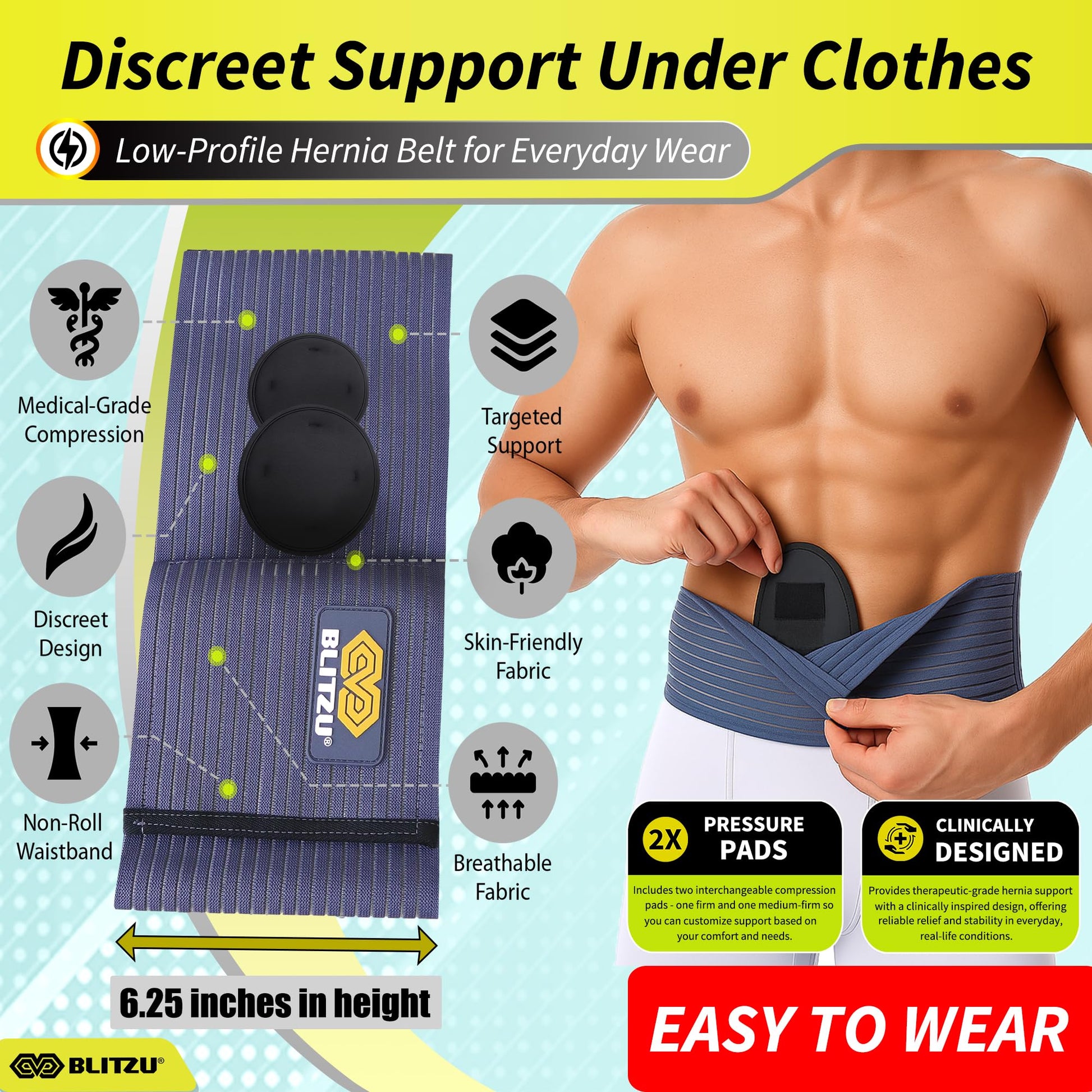 BLITZU Umbilical Hernia Belt for Men & Women, Abdominal Binder Adjustable Truss Support with 2 Compression Pads for Naval, Ventral, Incisional, Epigastric, Belly Button Hernias, Pre Post Surgery L-XL