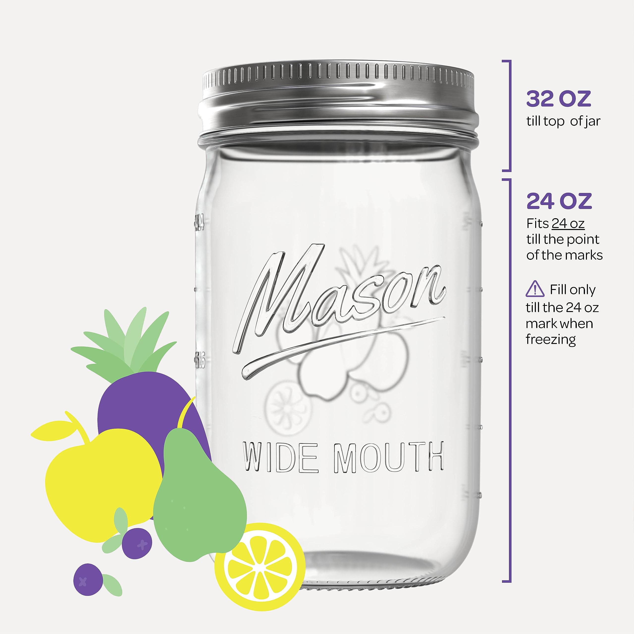 Wide Mouth Mason Jars 32 oz [4 Pack] With Mason Jar Lids and Bands, Mason Jars 32 oz - For Canning, Fermenting, Pickling - Jar Decor - Microwave/Freeze/Dishwasher Safe.