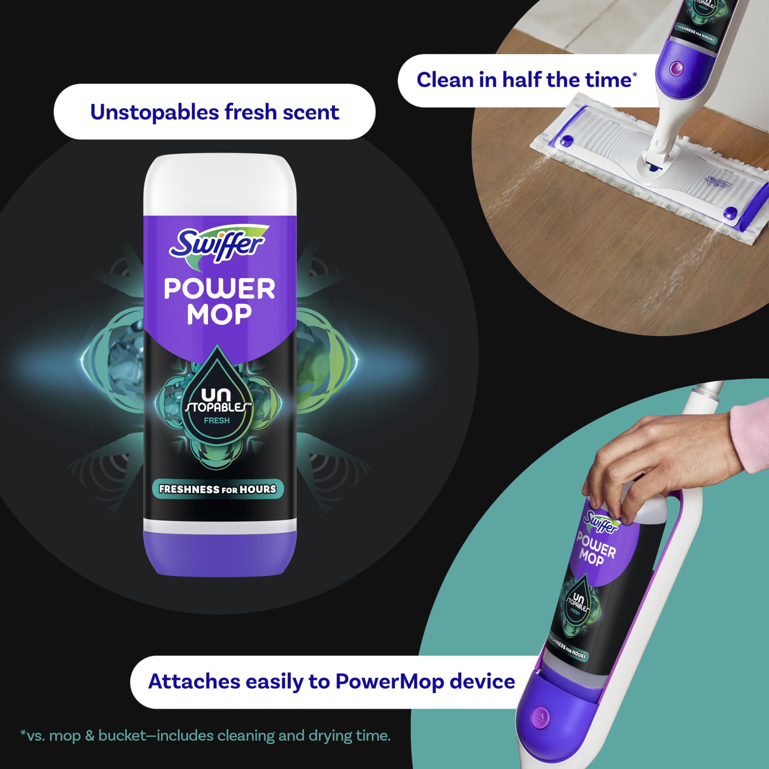 Swiffer PowerMop Floor Cleaning Solution with Unstopables Fresh Scent, PowerMop Refills, Floor Cleaner for Mopping, 25.3 fl oz, 2 Pack
