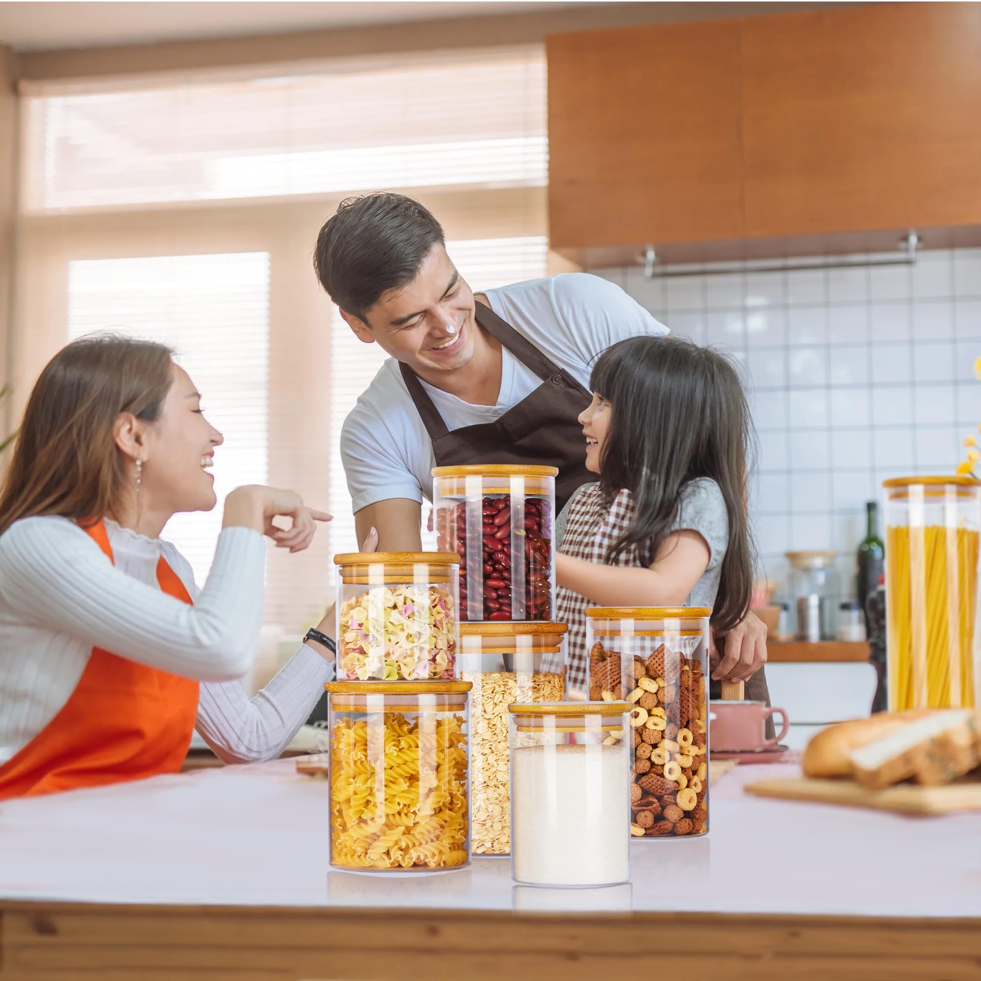 Vtopmart Glass Food Storage Jars, 7 Pack Kitchen Containers with Airtight Bamboo Wooden Lids for Pasta, Cookies, Nuts, Coffee Beans, Cereal, Canisters Set for Flour, Pantry Organization, BPA Free