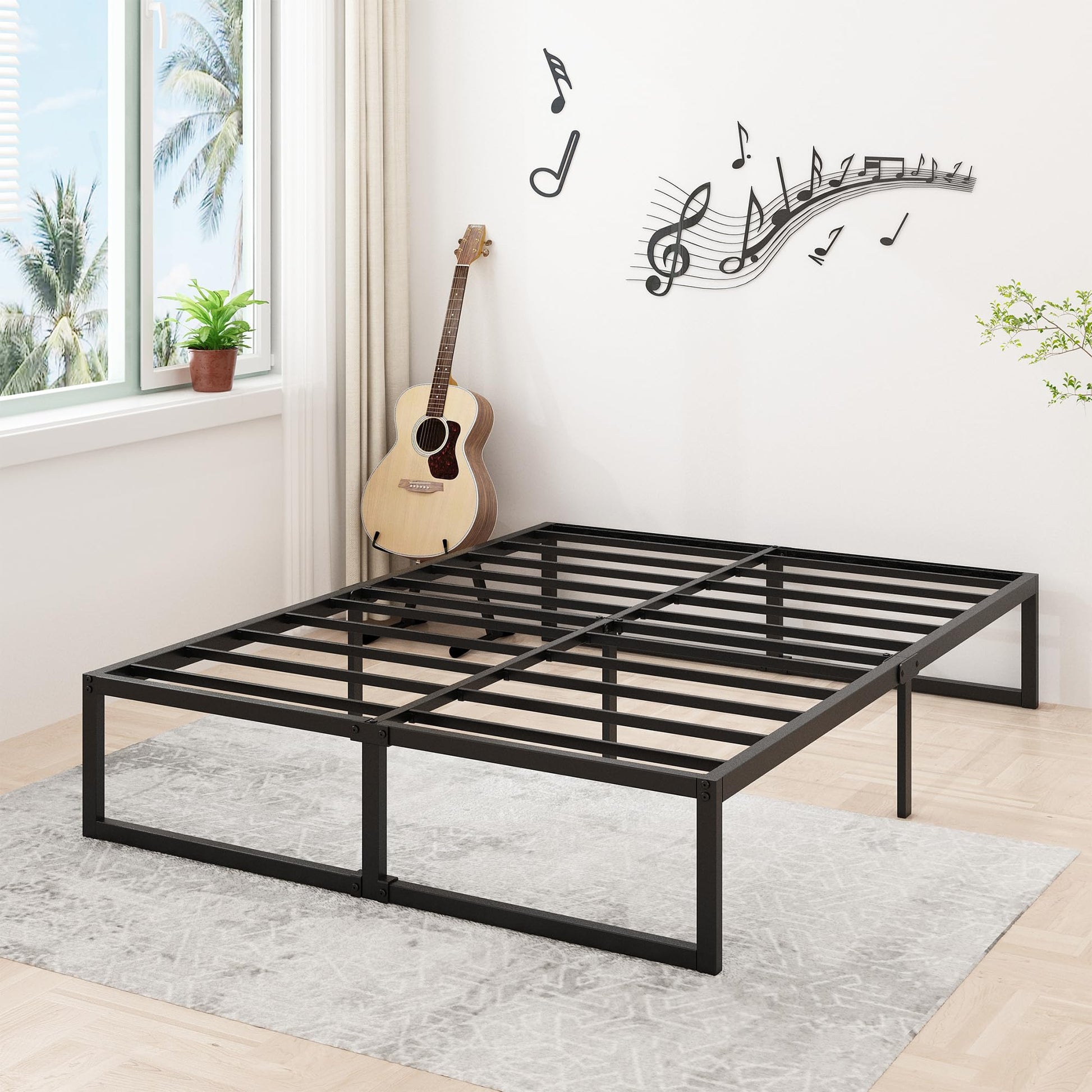 Lutown-Teen 14 Inch Queen Bed Frame Heavy Duty Steel Slat Support Metal Platform Bed Frame Queen Size No Box Spring Needed, Easy Assembly, Black