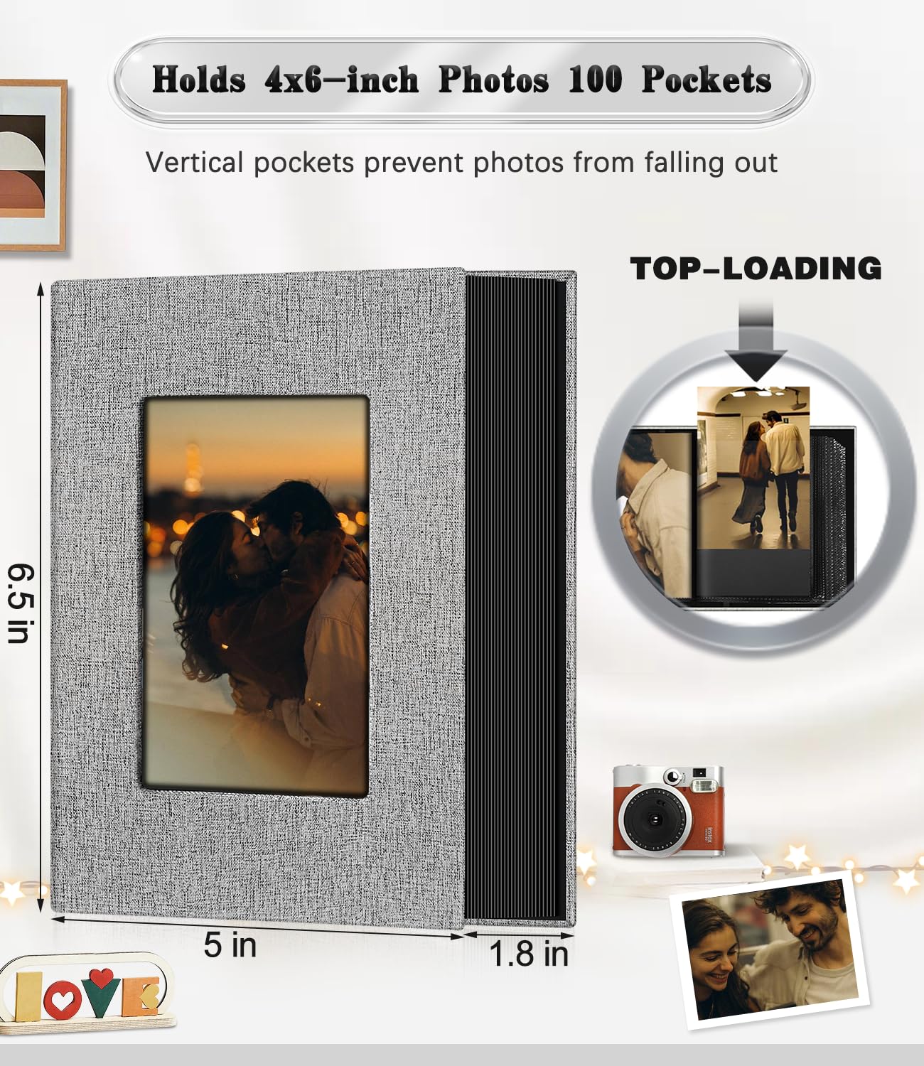 Ejblfe Photo Album 4x6,Linen Cover Slide-in Photo Album Book Can Holds 100 4x6 Photos with 50 Black Sheets for Family,Wedding,Baby and Holiday Pictures (Gray)