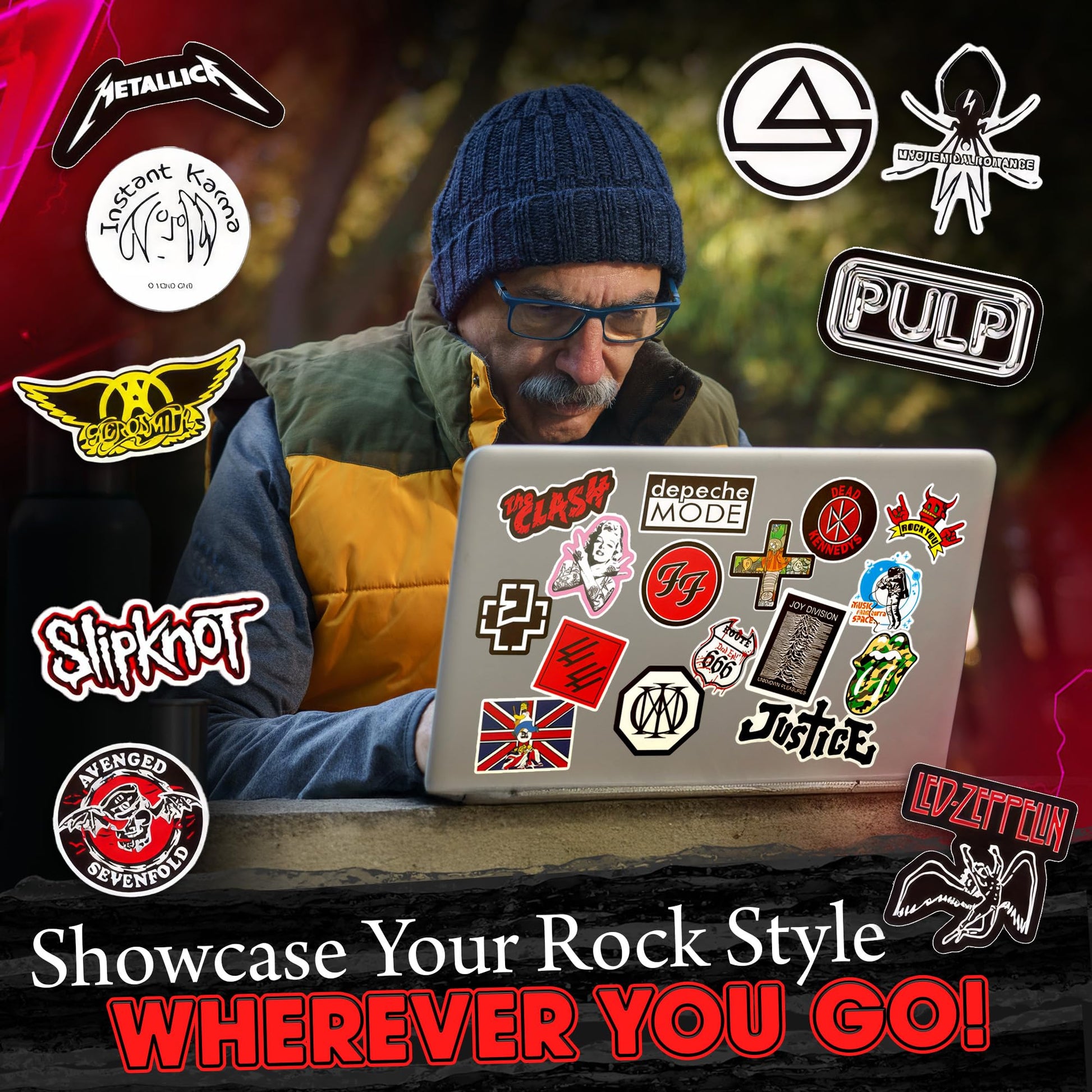 100 Pcs Rock Band Music Stickers – Durable and Waterproof Vinyl Stickers Featuring Iconic Bands | Punk, Metal, Rock Decals | Scratch-Resistant, Vibrant Colors for Laptops, Guitars, Water Bottles