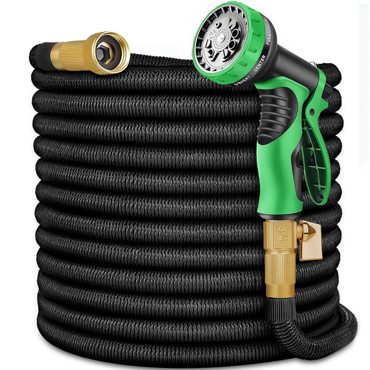 100 ft Expandable Garden Hose with 10 Function Nozzle Sprayer, Lightweight Flexible Water Hose with Durable Collapsible Latex Core & Solid Brass Fittings, 100ft Retractable Stretch Hose, Black