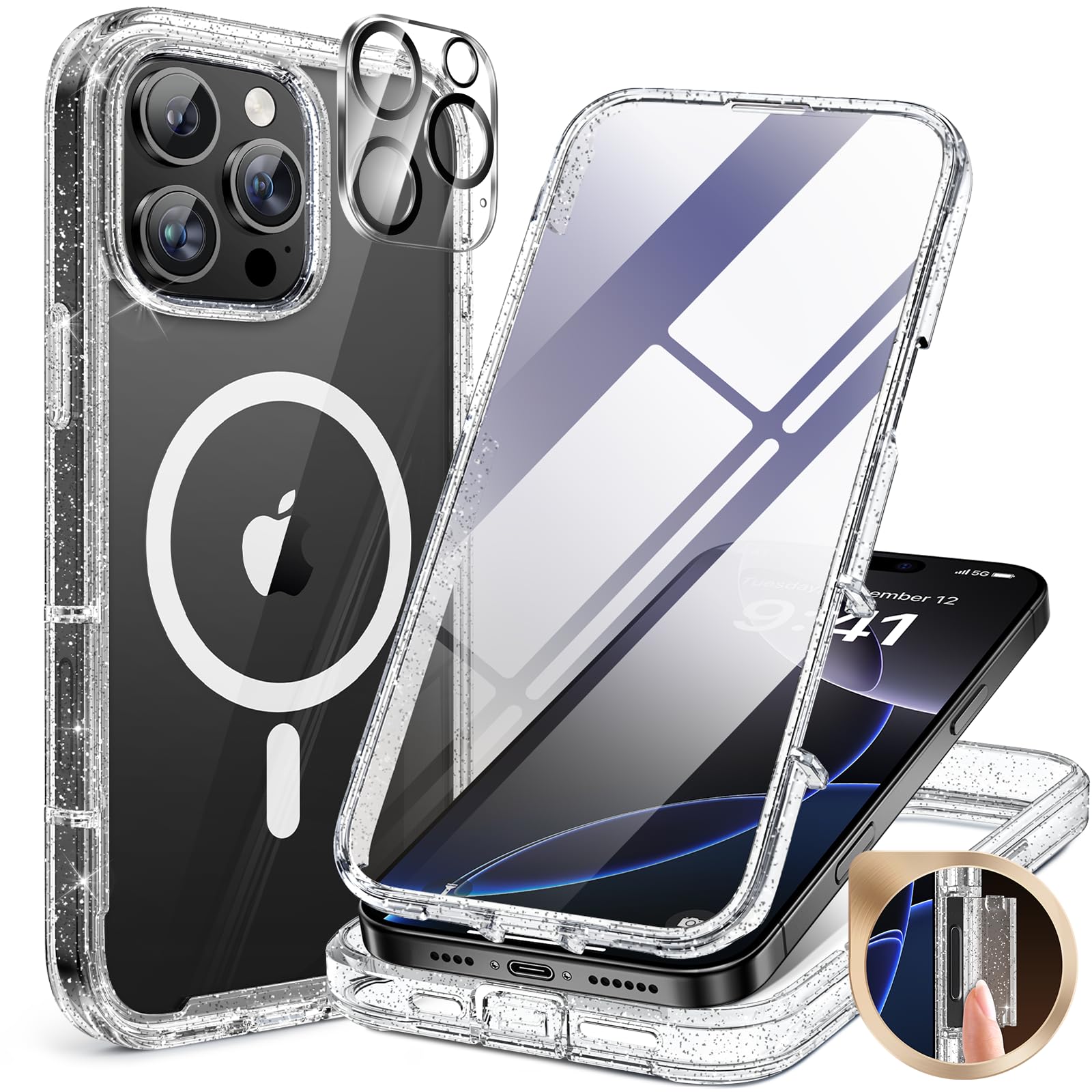 Miracase Compatible with iPhone 13 case 6.1 inch, 2021 Upgrade Full-Body Glass Clear Case Bumper Case with Built-in 9H Tempered Glass Screen Protector for iPhone 13,Black