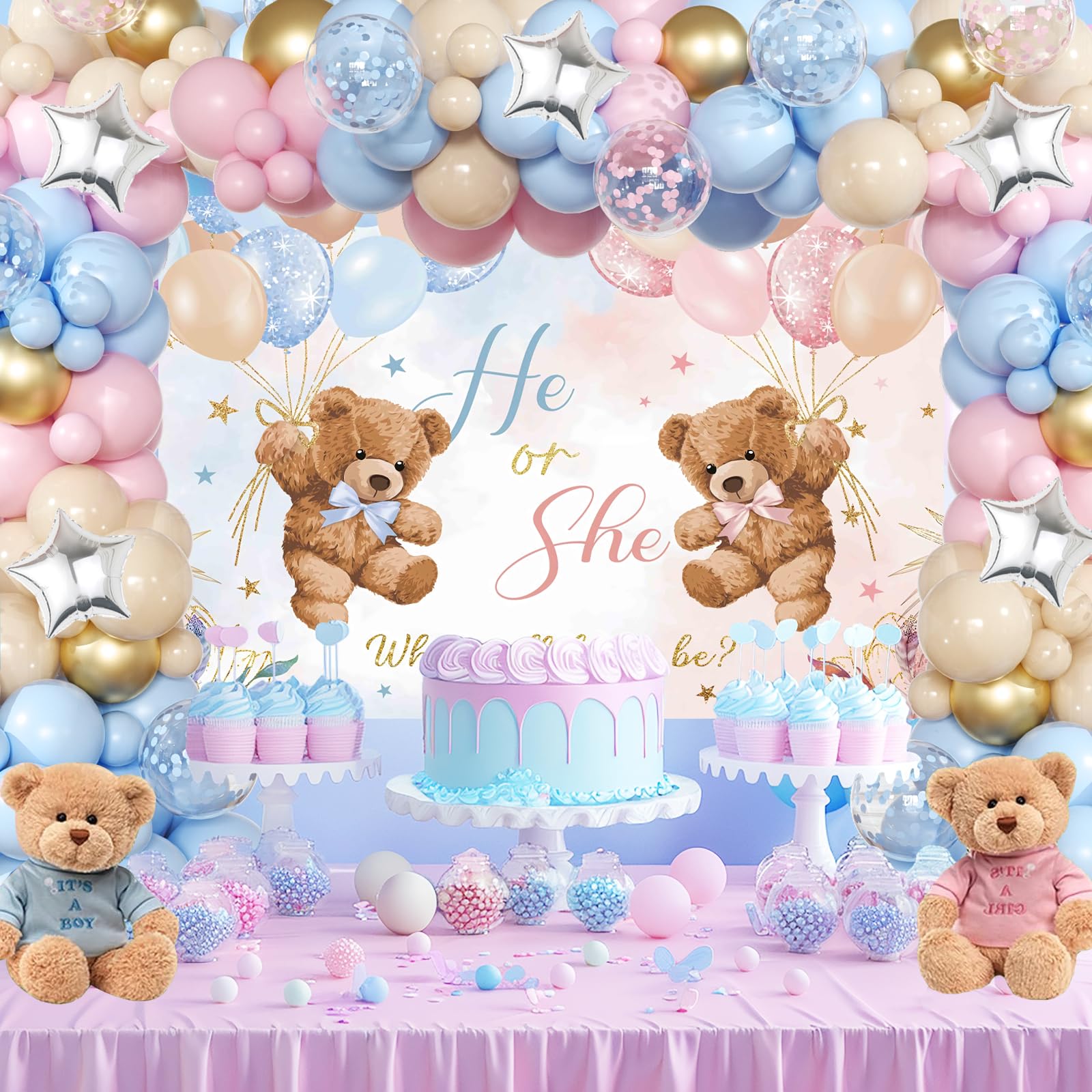 Bear Gender Reveal Balloon Boxes Decorations - 158pcs Pink Blue Balloon Garland Kit, 4pcs Baby Box With Letters, Backdrop for Baby Shower, Boy or Girl Party Supplies