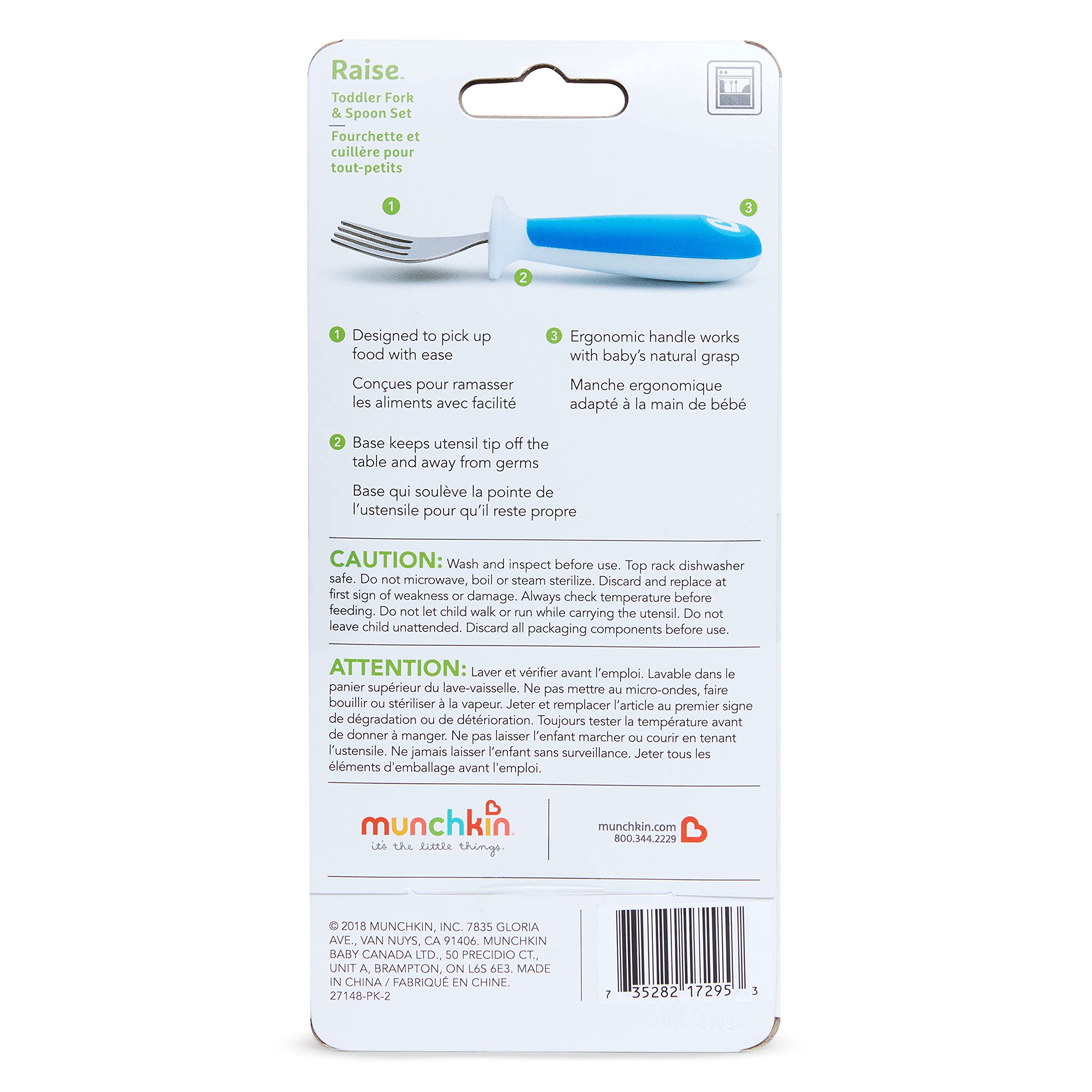 Munchkin® Raise™ Toddler Fork and Spoon Utensil Set, Rest Keeps Tip Off Table, BPA Free, 4 Pack, Blue/Green