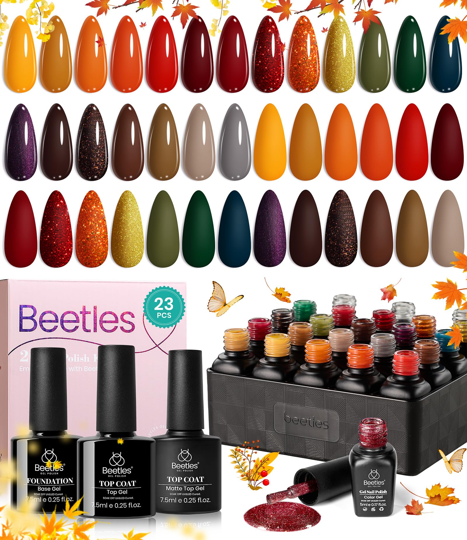Beetles Fall Gel Nail Polish Set - Cozy Campfire Gel Polish Set 20 Colors Orange Yellow Green Brown Red Soak Off Uv Lamp Need Base Glossy Matte Top Coat Manicure Kit Gift for Girls Women