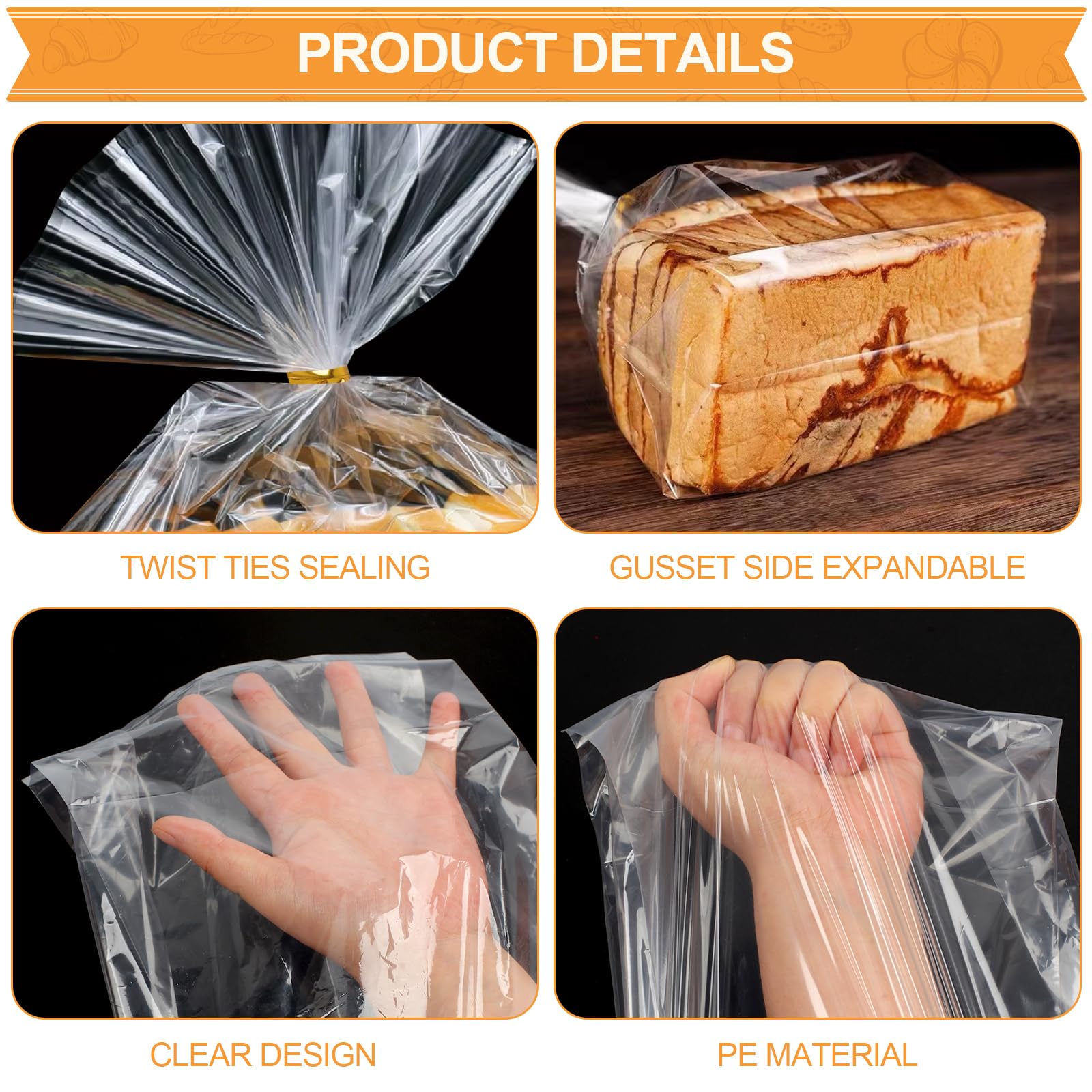 Vivinin 70 Pack Clear Bread Bags (8" x 4" x 18") & 100 Pack Ties - Reusable Plastic Storage Bags for Homemade Loaves, Bakers, and Bakery Owners