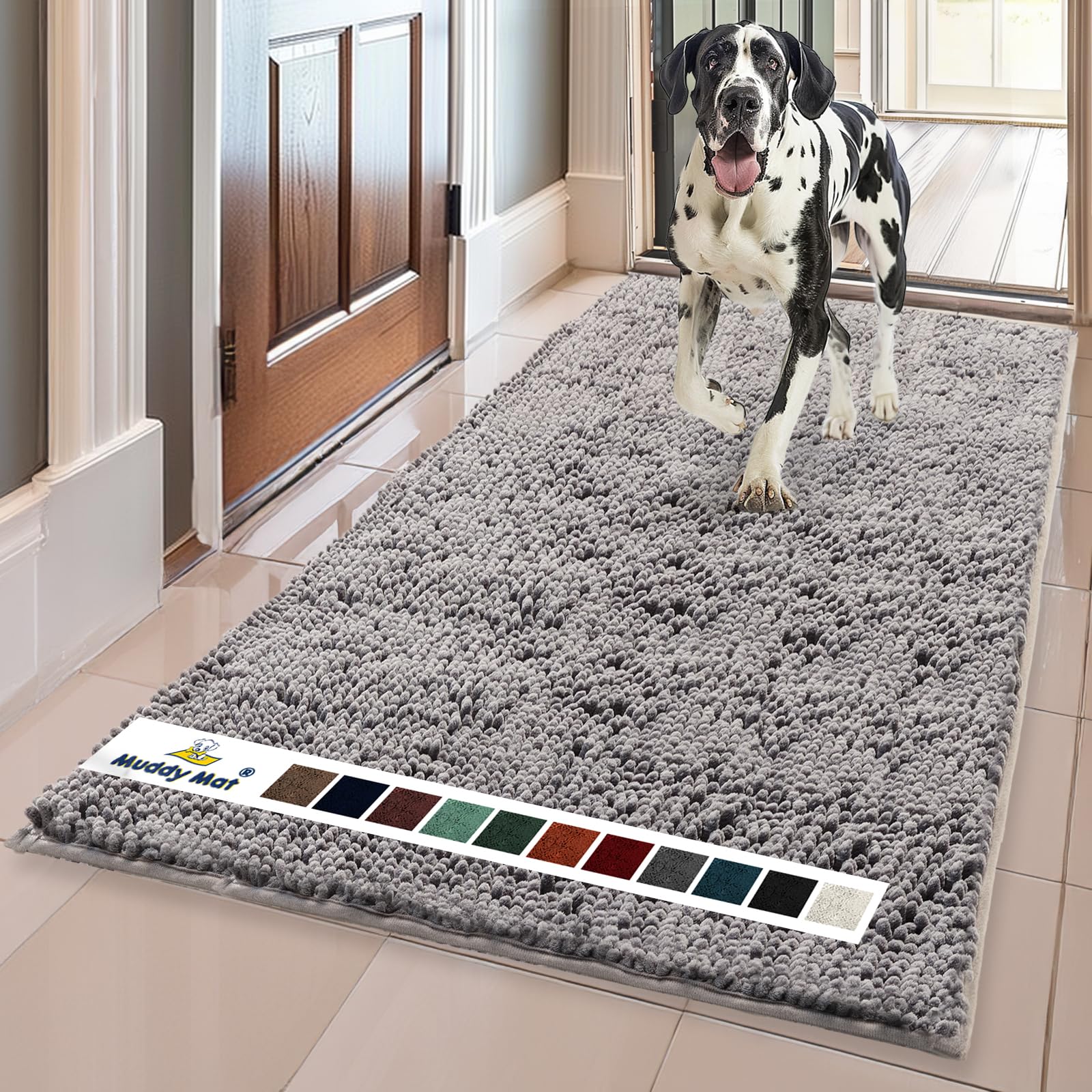 Muddy Mat® Shown ON TV Highly Absorbent Microfiber Door Mat and Pet Rug Non Slip Thick Washable Area and Bath Mat Soft Chenille for Kitchen Bathroom Bedroom Indoor and Outdoor - Grey Medium 30"X19"