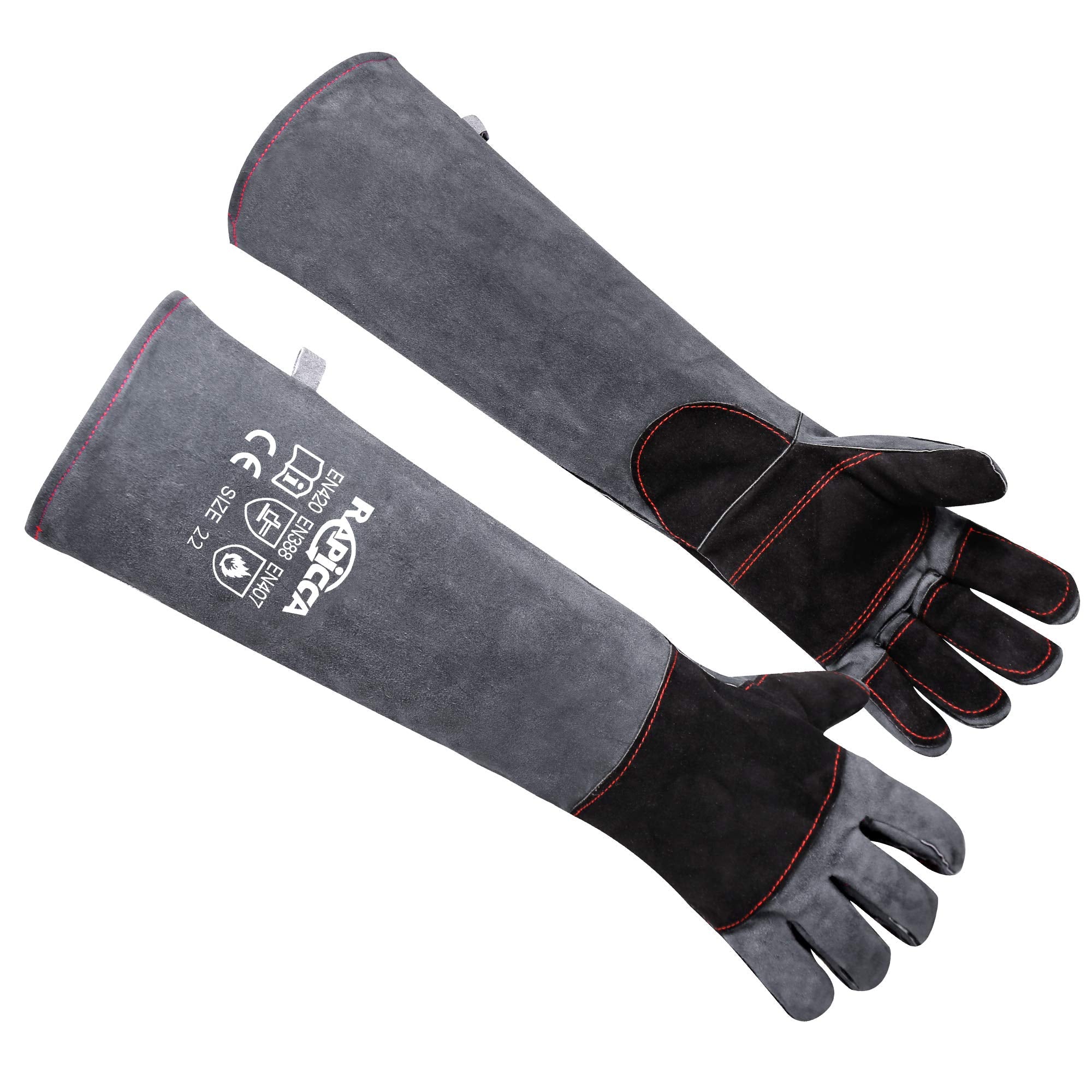 RAPICCA Animal Handling Gloves Bite Proof Double Leather Reinforced Padding Dog,Cat Scratch,Bird Handling Falconry Gloves Grabbing Reptile Squirrel Snake Bite 16in Grey-Black