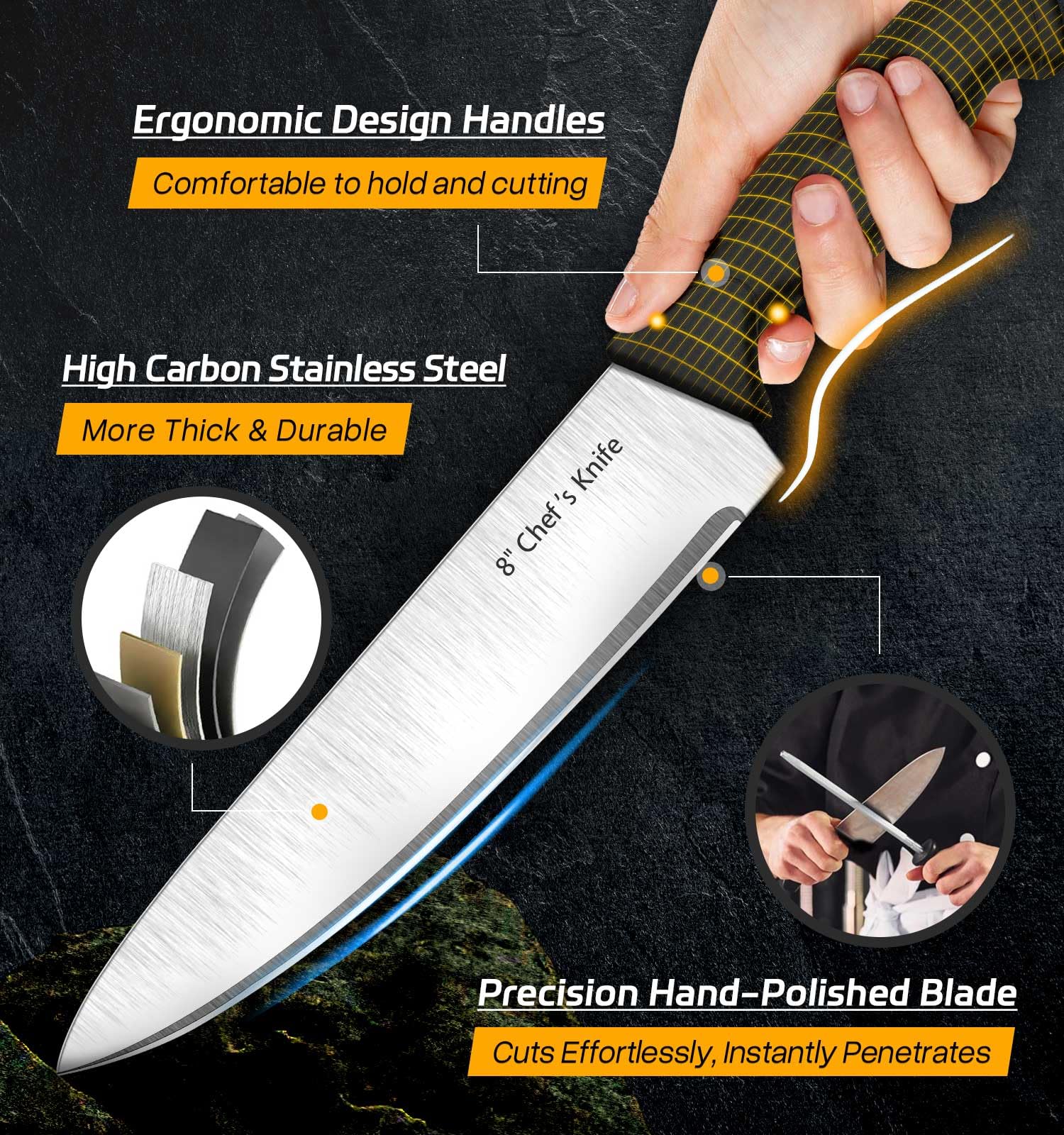 HENKELIVING Knife Set, 6-Piece Kitchen Knife Set, German High Carbon Stainless Steel, Durable & Easy Clean Knife Block, Black