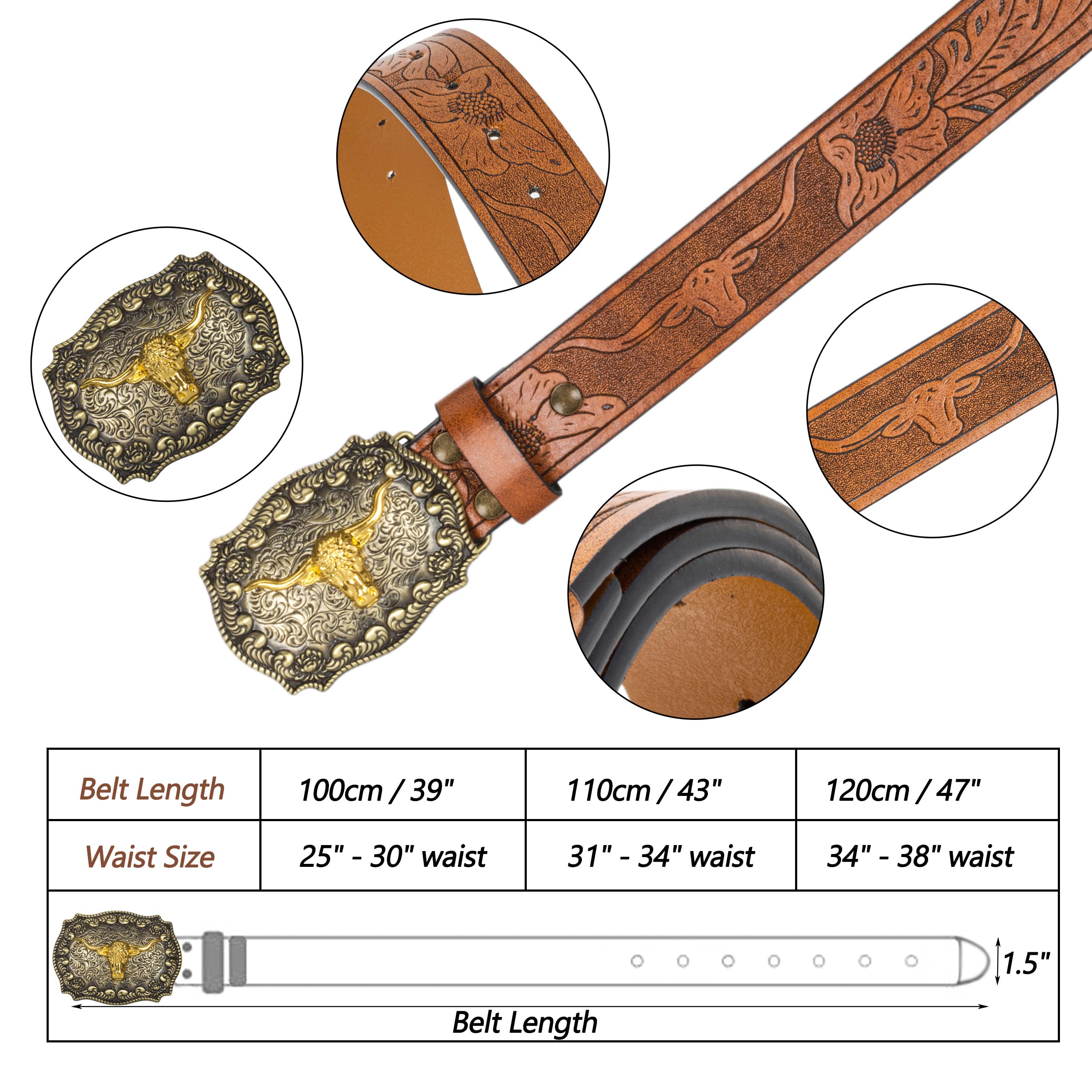 Mawjom Western Cowboy PU Leather Belt - Men Waist Strap Bull Decoration Floral Engraved for Jeans 25" to 38" Waist