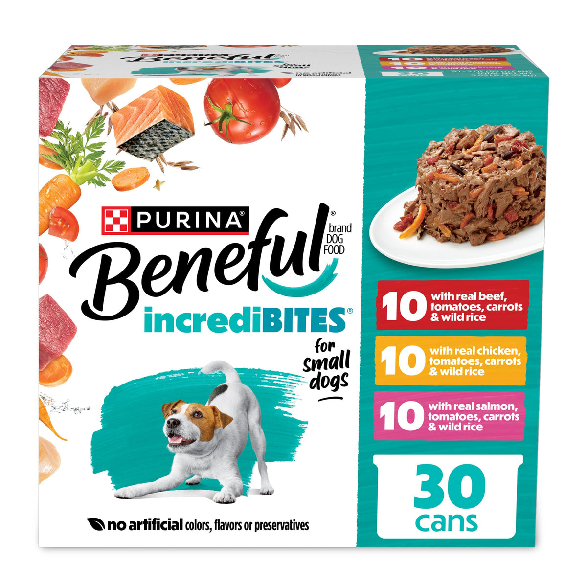 Purina Beneful Nassfutter für kleine Hunde Vielfaltspackung, IncrediBites mit echtem Rindfleisch, Huhn und Lachs - (30er-Pack) 85g Dosen