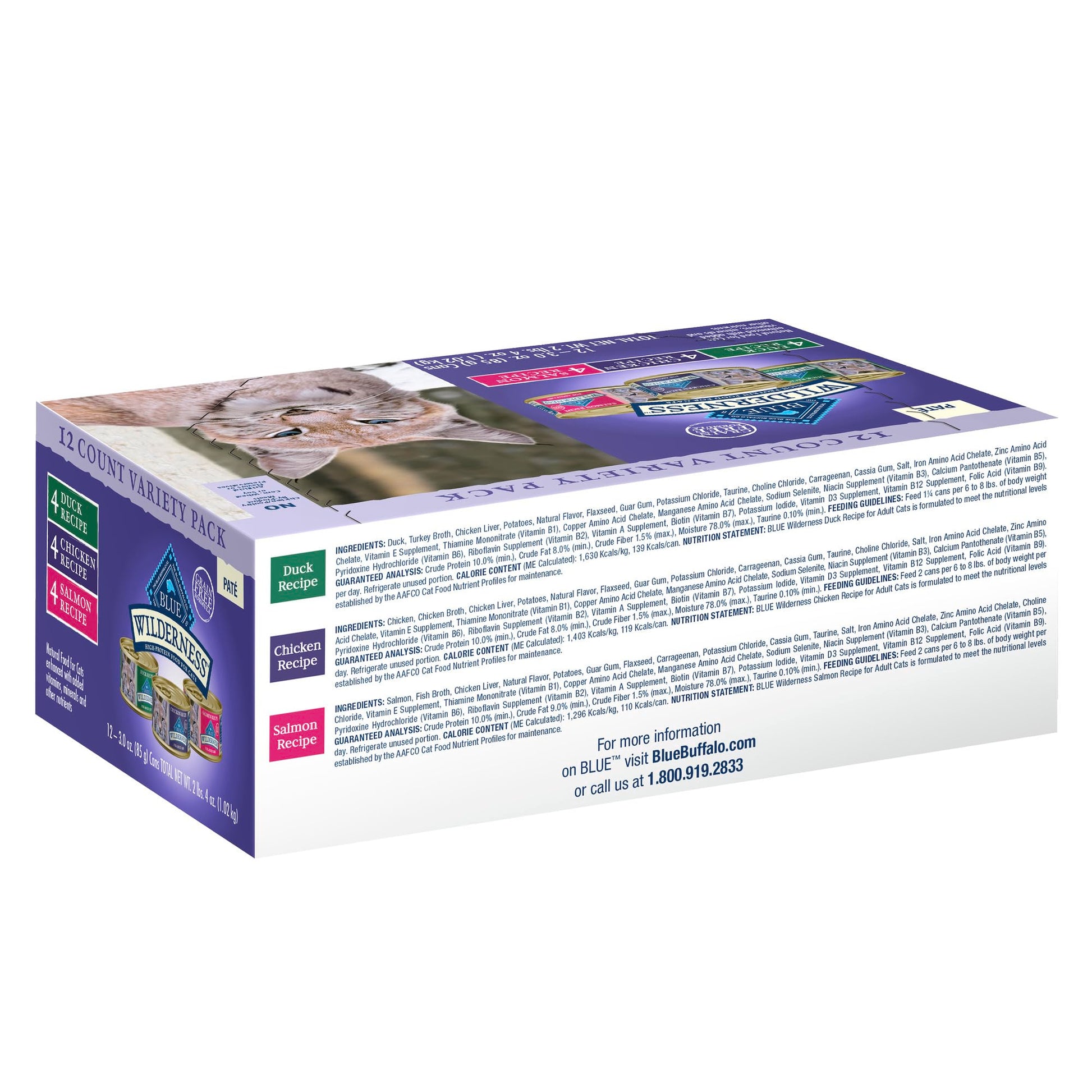 Blue Buffalo Wilderness High Protein, Natural Adult Pate Wet Cat Food Variety Pack, Chicken, Salmon, Duck 3-oz Cans (12 Count- 4 of Each Flavor)