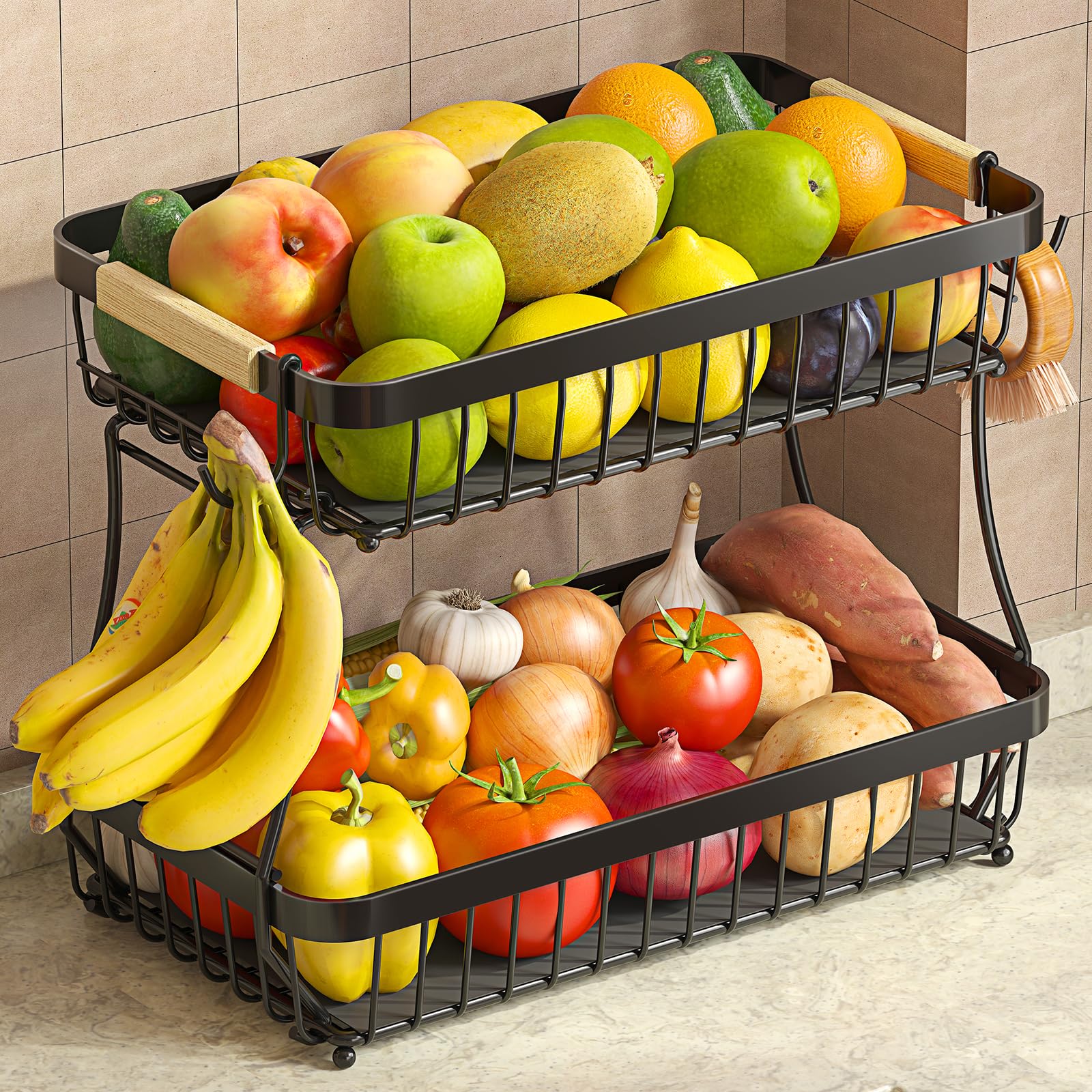 Sevenblue 2 Tier Fruit Basket for Kitchen Counter with 2 Mobile Banana Hangers, 2025 Pro Detachable Metal Fruit Bowl with Wooden Handle, Fruit Holder for Bread Snack Veggies with Protective Mats