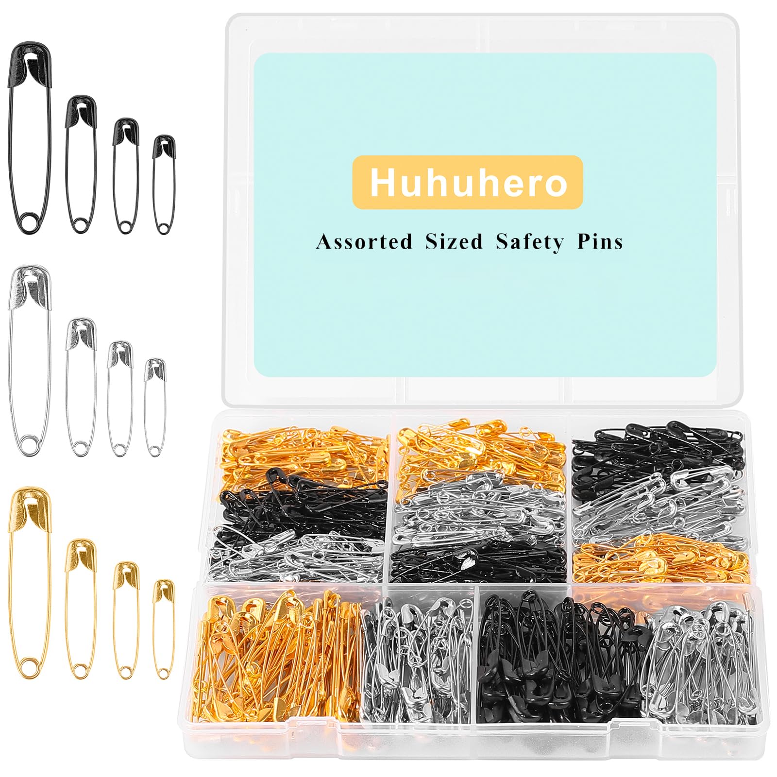 Huhuhero Safety Pins Assorted, 5 Different Sizes Small and Large Safety Pins, Safety Pins for Clothes Halloween Costume Pins Sewing, Nickel Plated Steel Pin Bulk, Arts and Crafts Supplies (Multicolor)