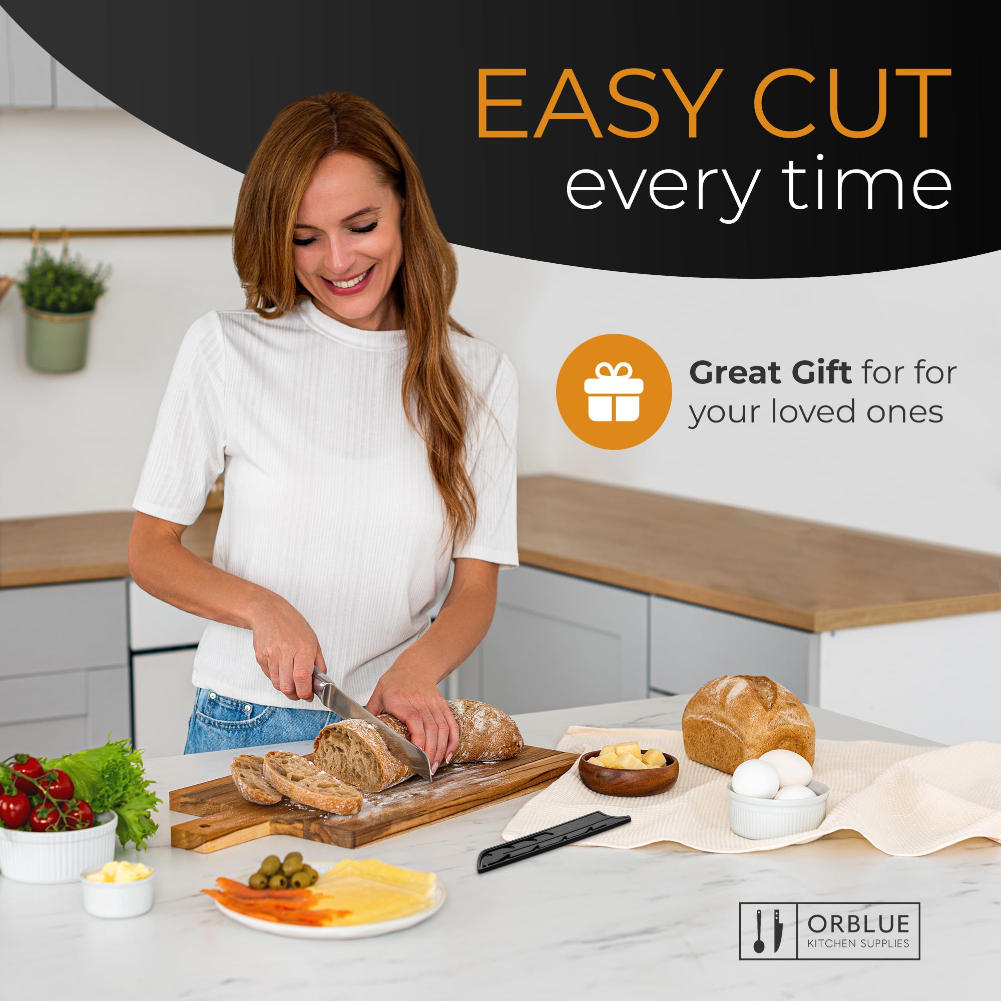 Orblue Serrated Bread Knife with Upgraded Stainless Steel Razor Sharp Wavy Edge Width - Bread Cutter Ideal for Slicing Homemade Bagels, Cake (8-Inch Blade with 5-Inch Handle)