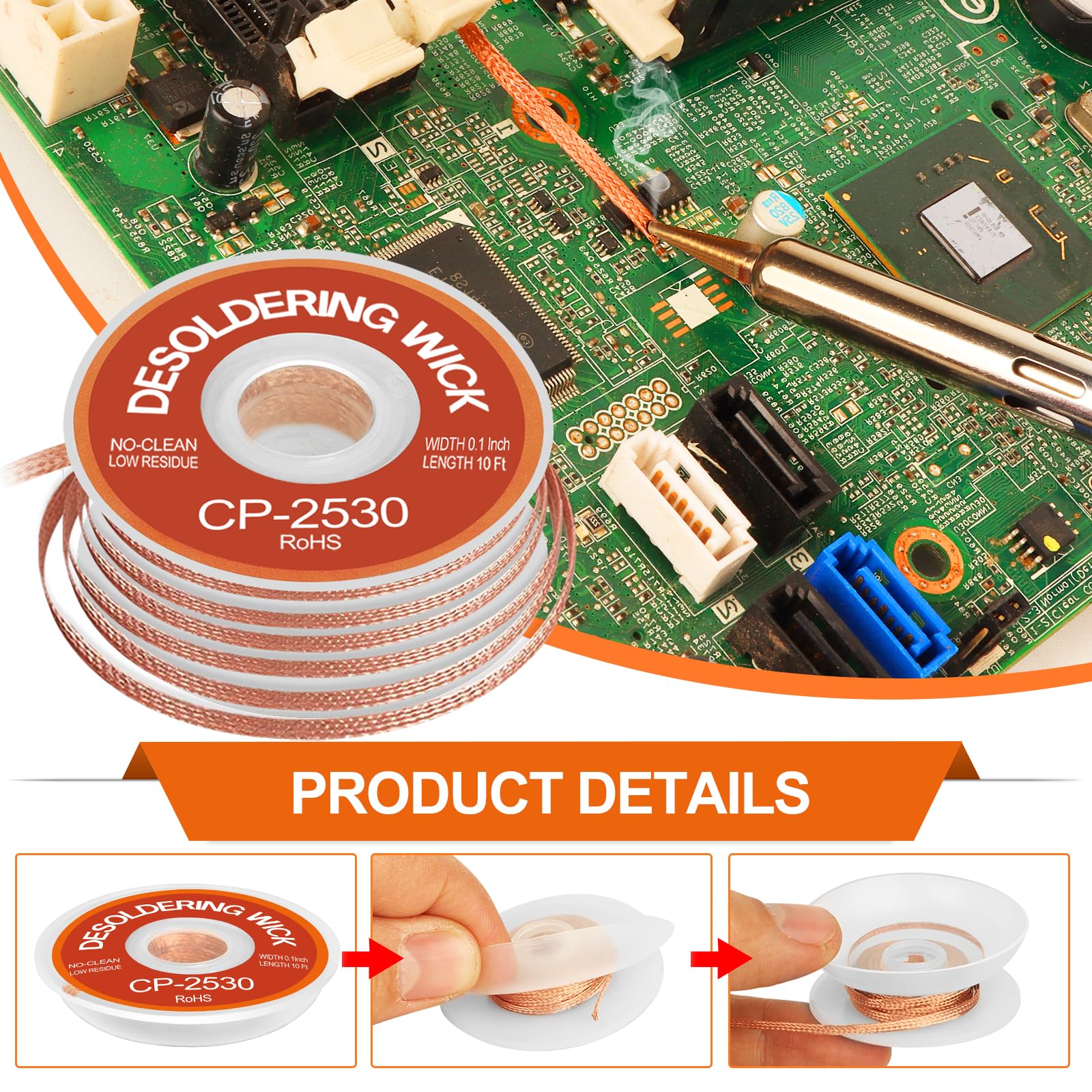 JoTownCand 3PCS Premium Desoldering Wick - 3 Sizes Solder Wick Braid (0.08", 0.1", 0.12" x 10FT) | No Clean Desoldering Braid & Solder Remover | Effortlessly Desolder Wick for PCB Repair & Electronics
