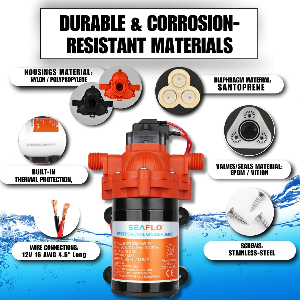 SEAFLO 33 Series 12V DC RV/Camper/Boat/Off-Grid Fresh Water Pressure Pump -12V, 3.0 GPM, 45 PSI, On Demand Self-Priming, Built-In Pressure Switch - NSF, CE & Rohs Certified, UL Listed, 4-Year Warranty