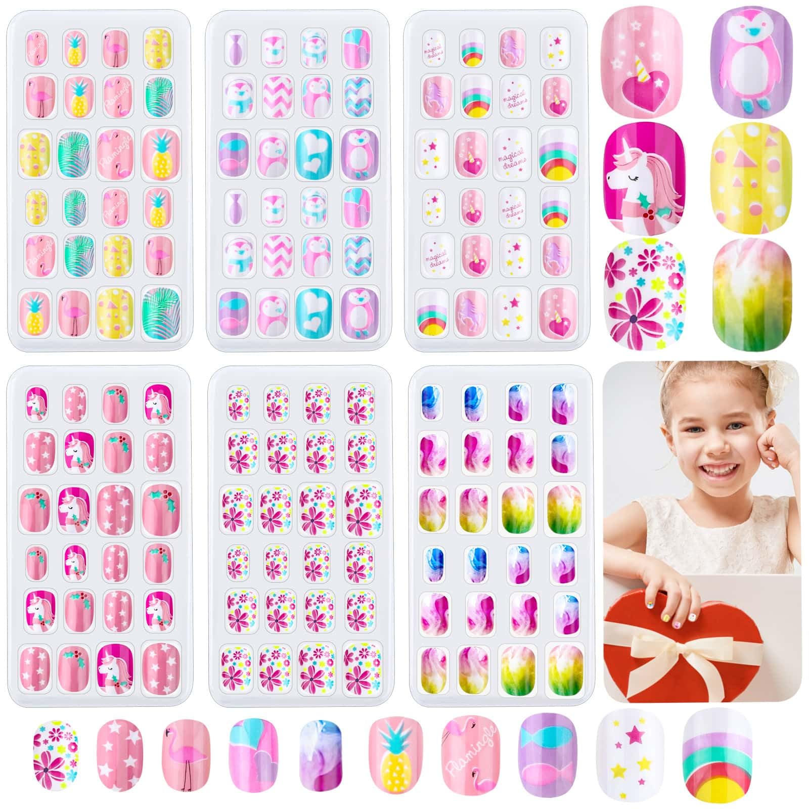 144 Pieces Press on Nails Grils, Thrilez Children Fake Artificial False Nail Tips Pre Glue Full Cover Short Acrylic Nails for Girls Kids Nail Art Decoration (Rainbow Sky)