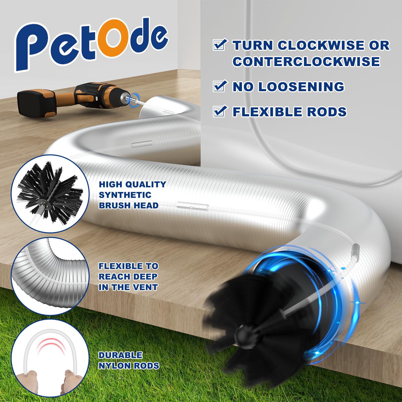 PetOde 32 Feet Dryer Vent Cleaner Kit, Enhanced Flexible Quick Snap Brush with Drill Attachment for Effective Cleaning, 360 Degree Rotation Without Loosening, Use with or Without a Power Drill