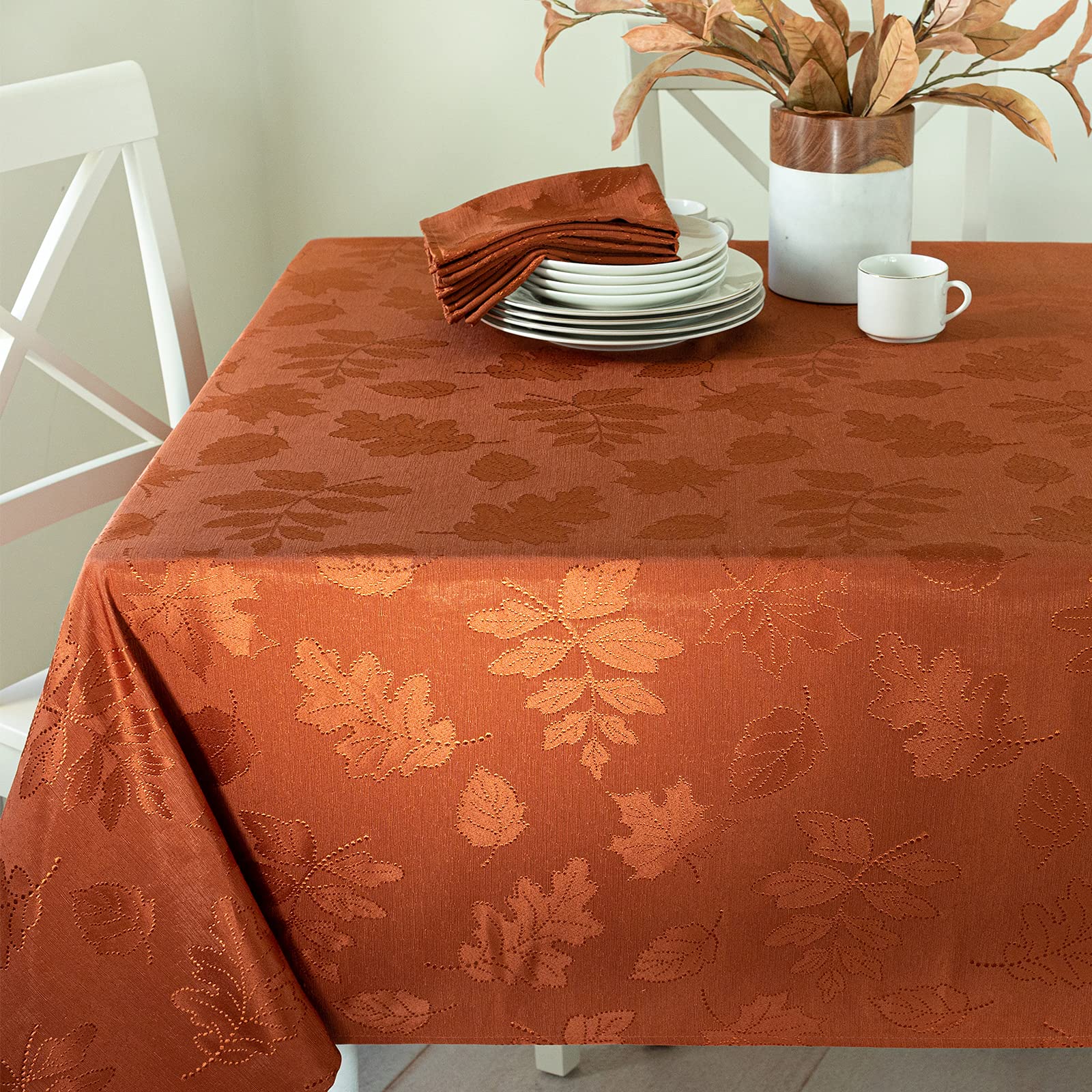 Benson Mills Harvest Legacy Damask Fabric Table Cloth Fall, Harvest, and Thanksgiving Tablecloth (Rust/Burnt Orange, 60" x 104" Rectangular)