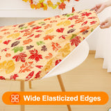 Smiry Plastic Thanksgiving Tablecloth, Fall Leaves Waterproof Elastic Fitted Table Covers for 36" - 44" Tables, Wipeable Flannel Backed Vinyl Tablecloths for Autumn Harvest, Parties, Rust