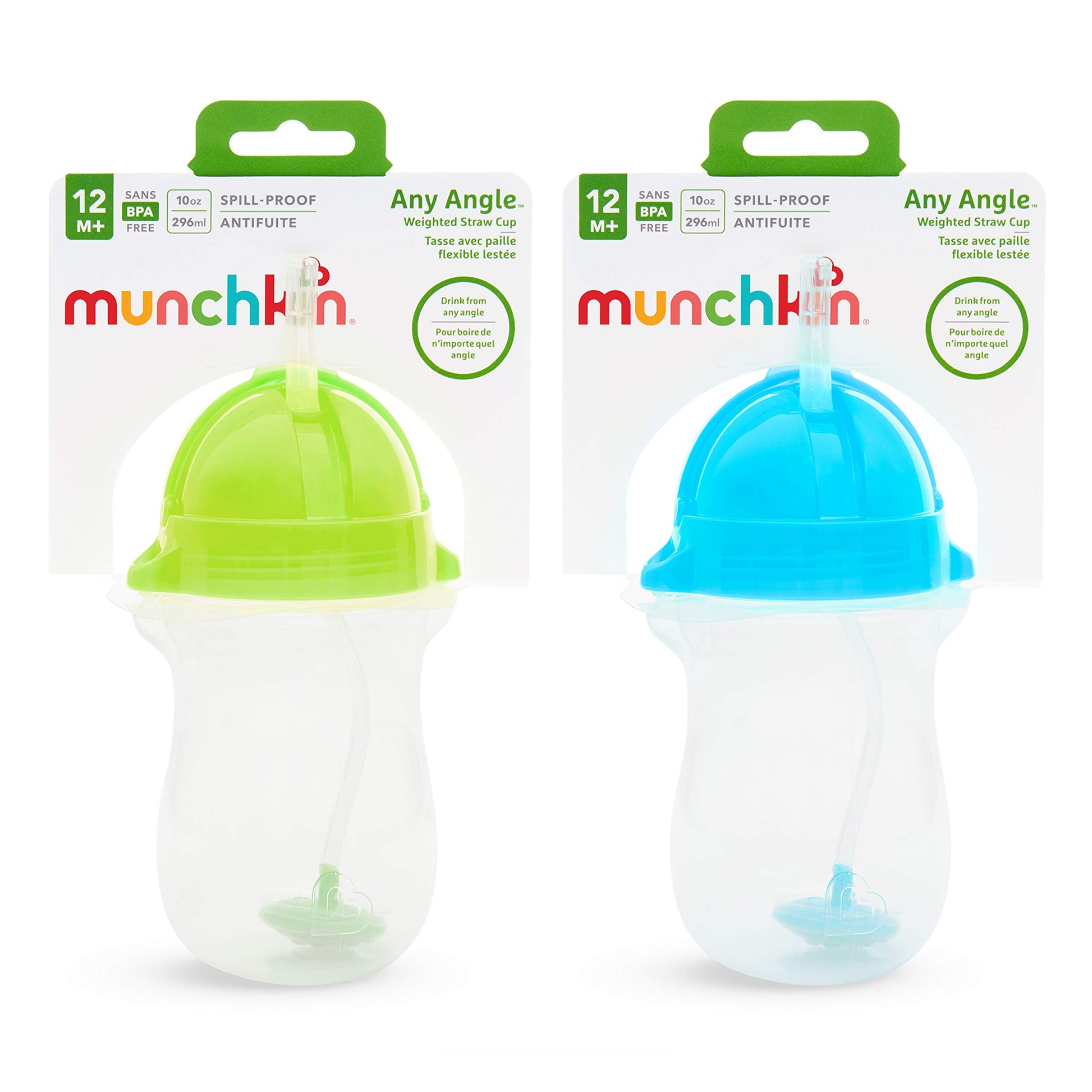 Munchkin Any Angle Weighted Toddler Straw Cups with Click Lock Lid, 10 Ounce, 2 Pack, Blue/Green