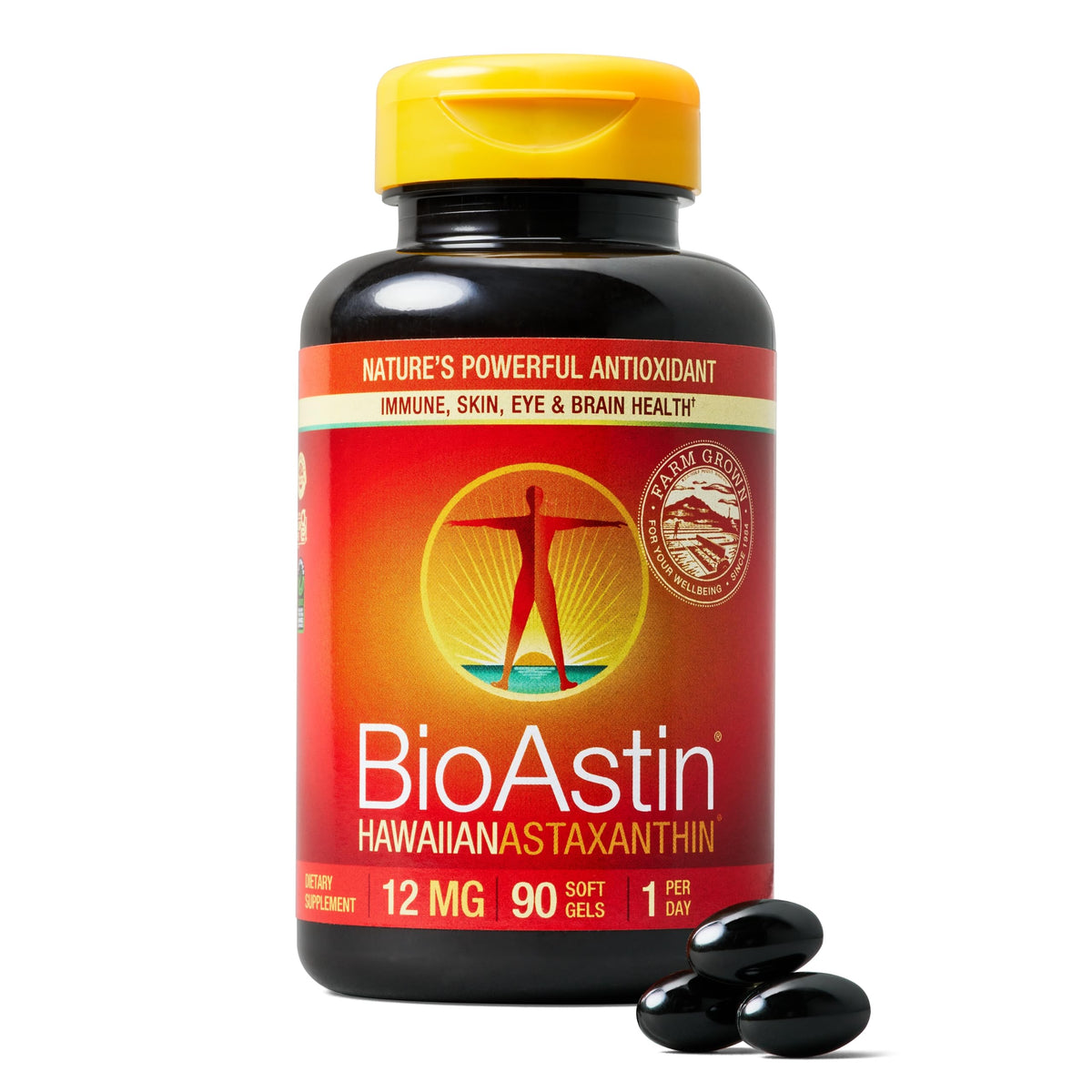 NUTREX HAWAII BioAstin Hawaiian Astaxanthin - 12 ملجم، 90 كبسولة هلامية - مكمل غذائي ممتاز مضاد للأكسدة من المزرعة مباشرة لدعم صحة العينين والبشرة والمفاصل والجهاز المناعي - غير معدل وراثيًا وخالٍ من الغلوتين