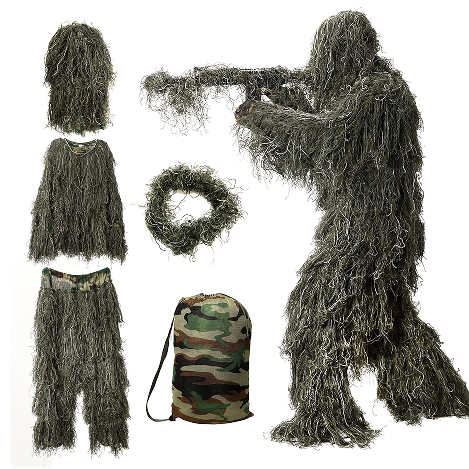 DoCred 5 in 1 Ghillie Suit, 3D Camouflage Hunting Apparel w/Jacket, Pants, Hood, Carry Bag for Adults/Youth, S/M/L/XL/XXL