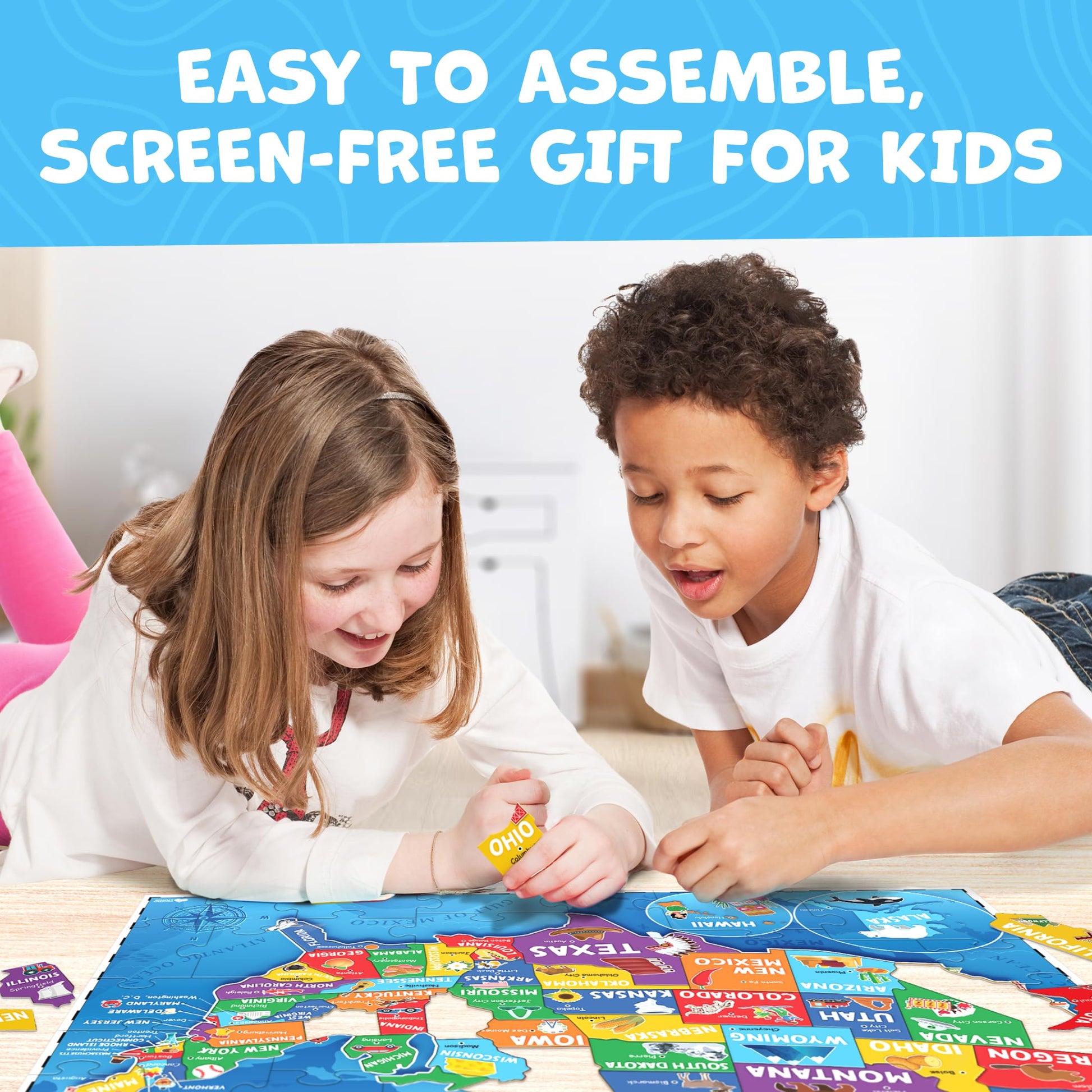 United States Puzzles for Kids Ages 4-6 - Educational Toys for Boys & Girls - 70Pcs USA Map Kids Puzzle with 50 States & Capitals - Floor Jigsaw Puzzles - Fun Learning Activities & Gifts for Children