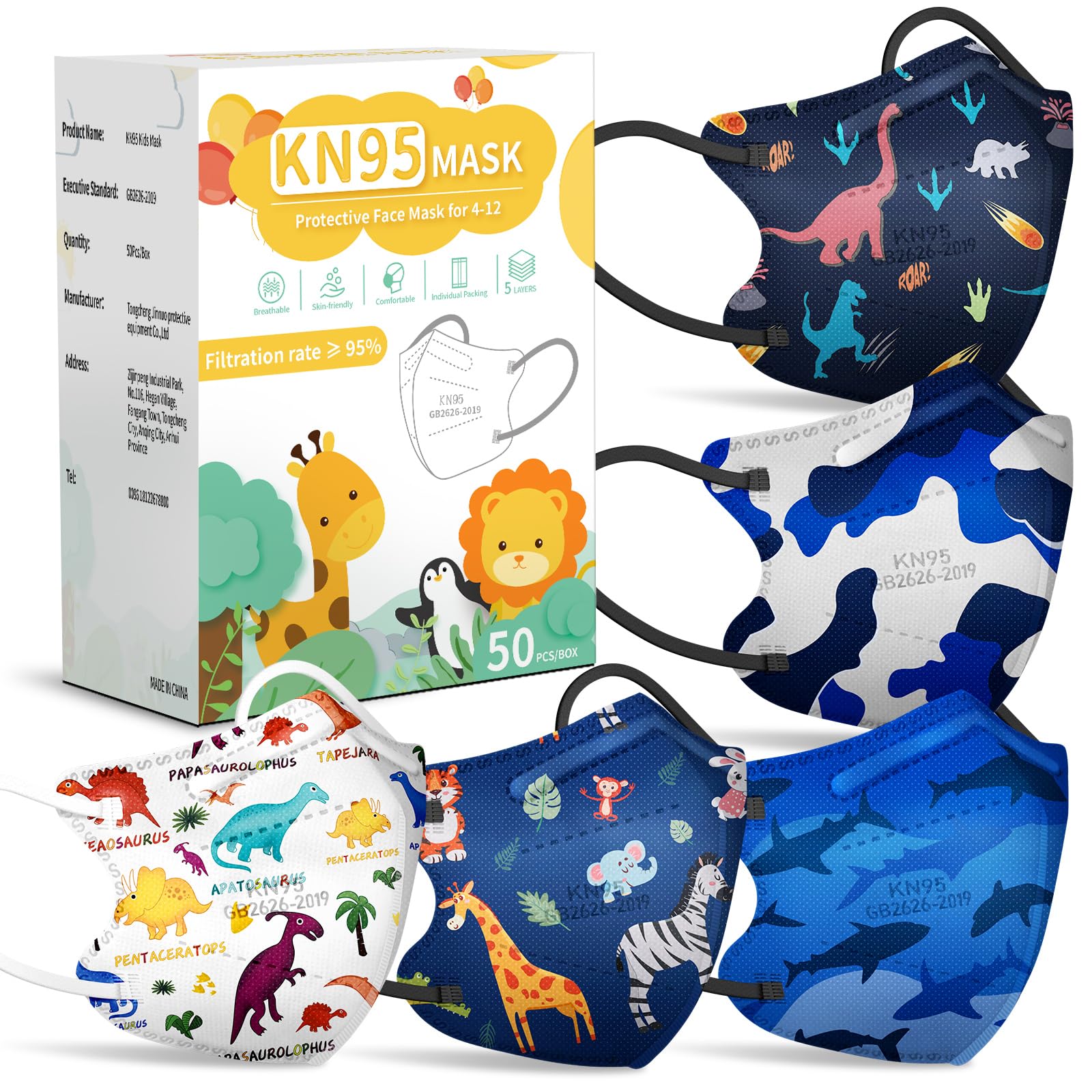 FENFEN Kids KN95 Face Mask Disposable - Kid KN 95 Masks Children Small Size Breathable Boys Kids KN95 Mask Mascaras KN95 Para Niños 50 Pack