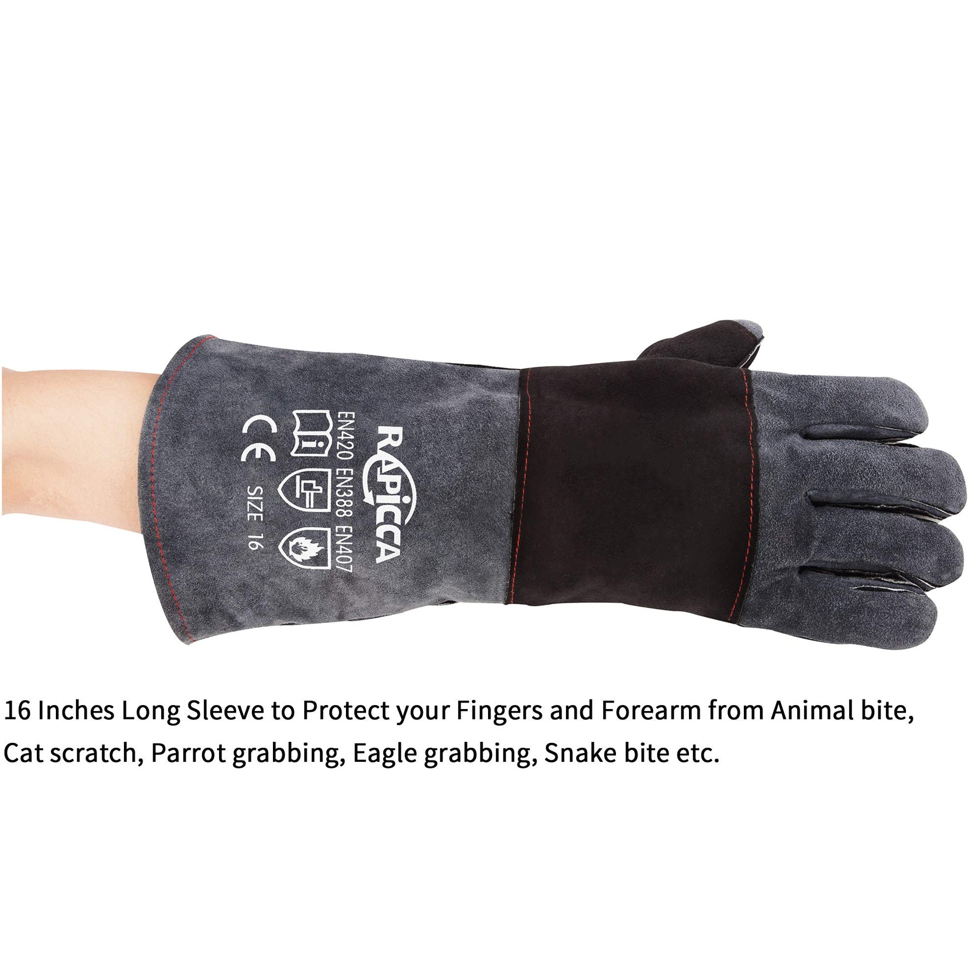 RAPICCA Animal Handling Gloves Bite Proof Double Leather Reinforced Padding Dog,Cat Scratch,Bird Handling Falconry Gloves Grabbing Reptile Squirrel Snake Bite 16in Grey-Black