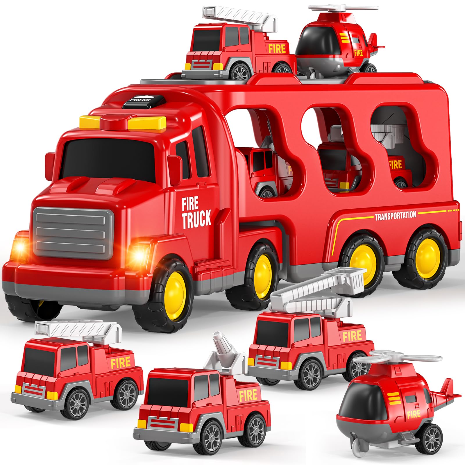 TEMI Fire Trucks Boy Toys for 3-5 Year Old Toddlers - Toys for 3 4 5 6 7 Years Old Transport Vehicle Carrier Truck, Boy Trucks Toy Sets, Kids Toys Boys 3-5, Gift Toys for Boys and Girls Aged 4-6