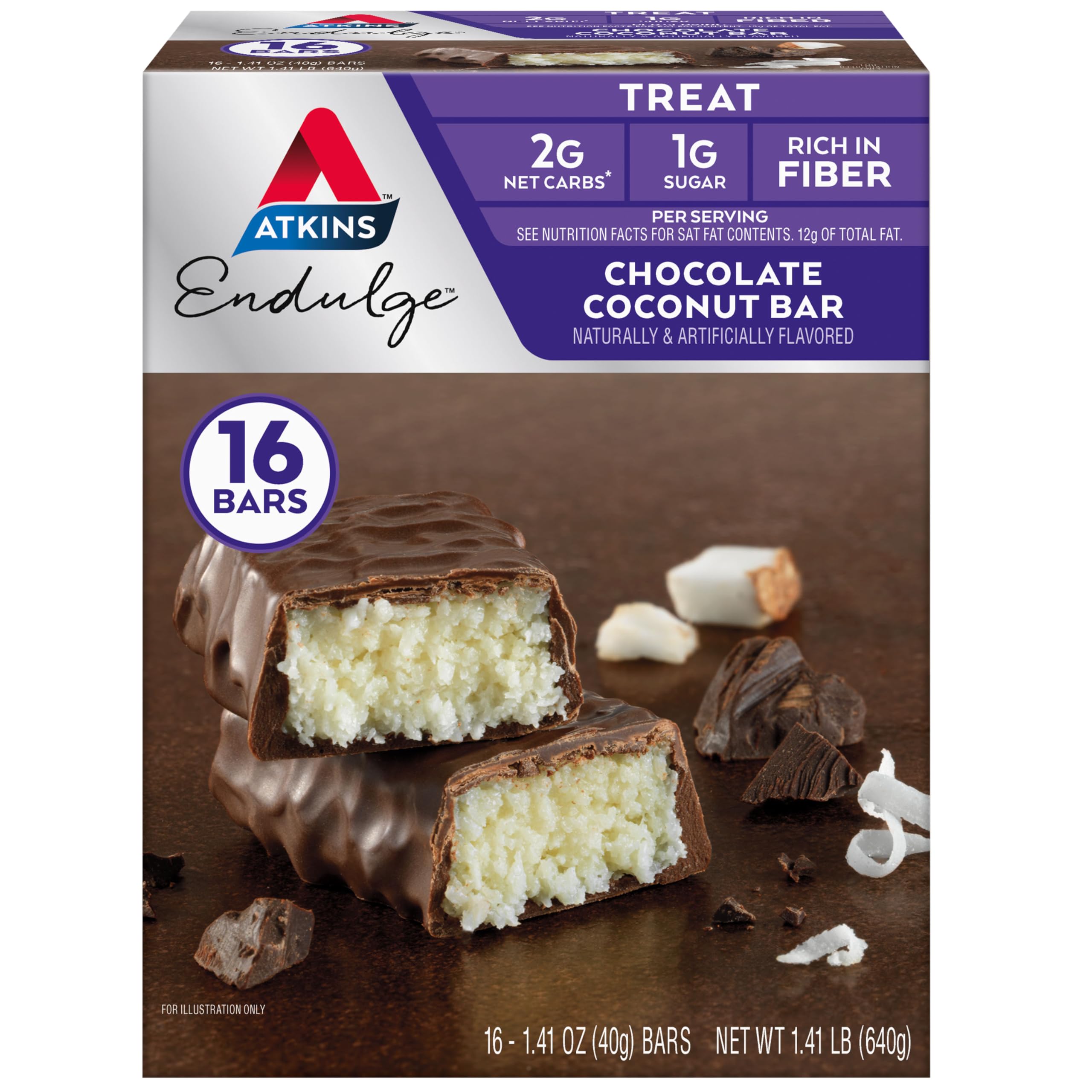 Atkins Endulge Chocolate Coconut Bar, Dessert Favorite, High in Fiber, 1g Sugar, 16 Count