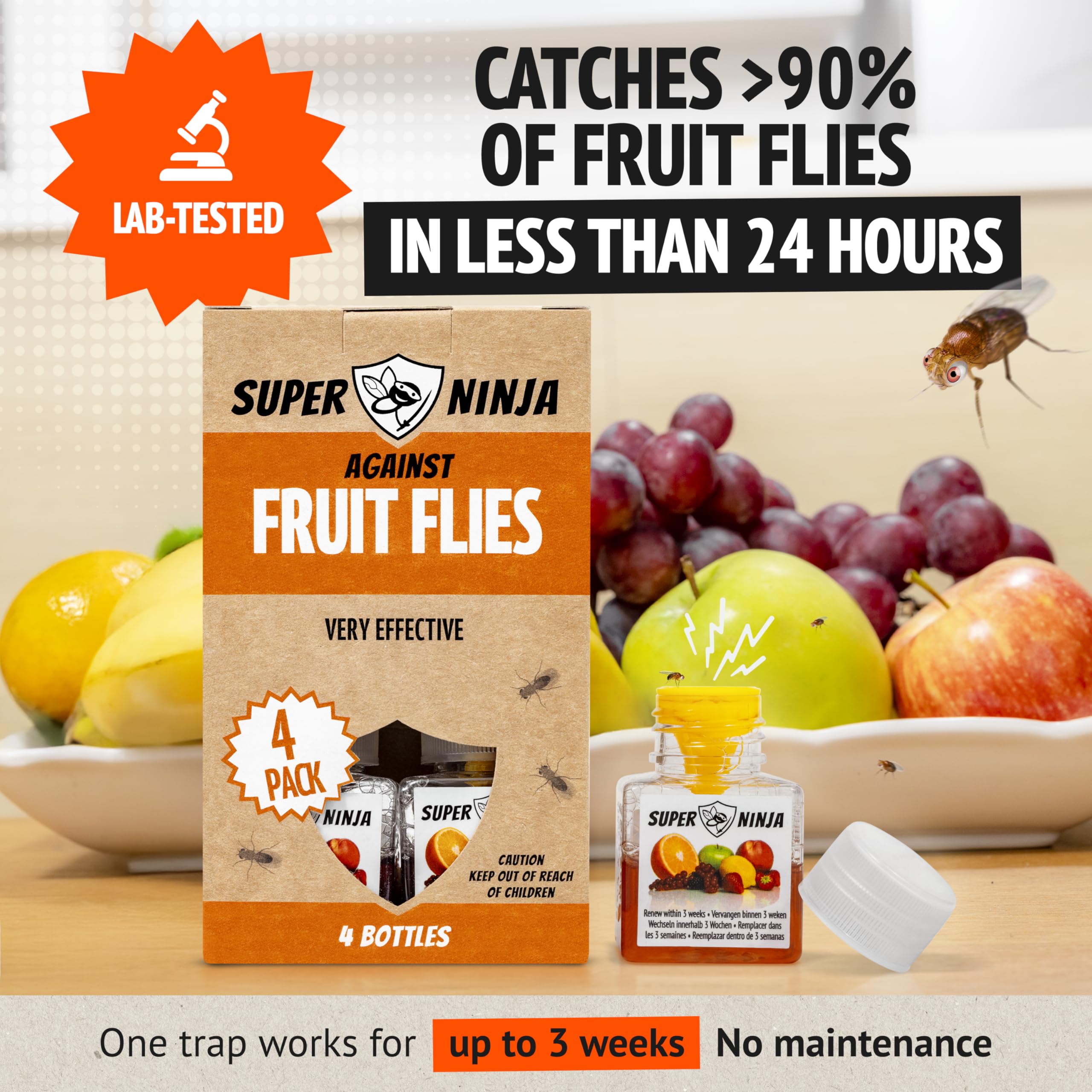 Super Ninja Fruit Fly Traps for Indoors - 4 Pack, Highly Effective Fruit Fly Catcher for Indoor Use for Home & Kitchen, Up to 3 Weeks of Performance per Bottle, Kid & Pet Friendly