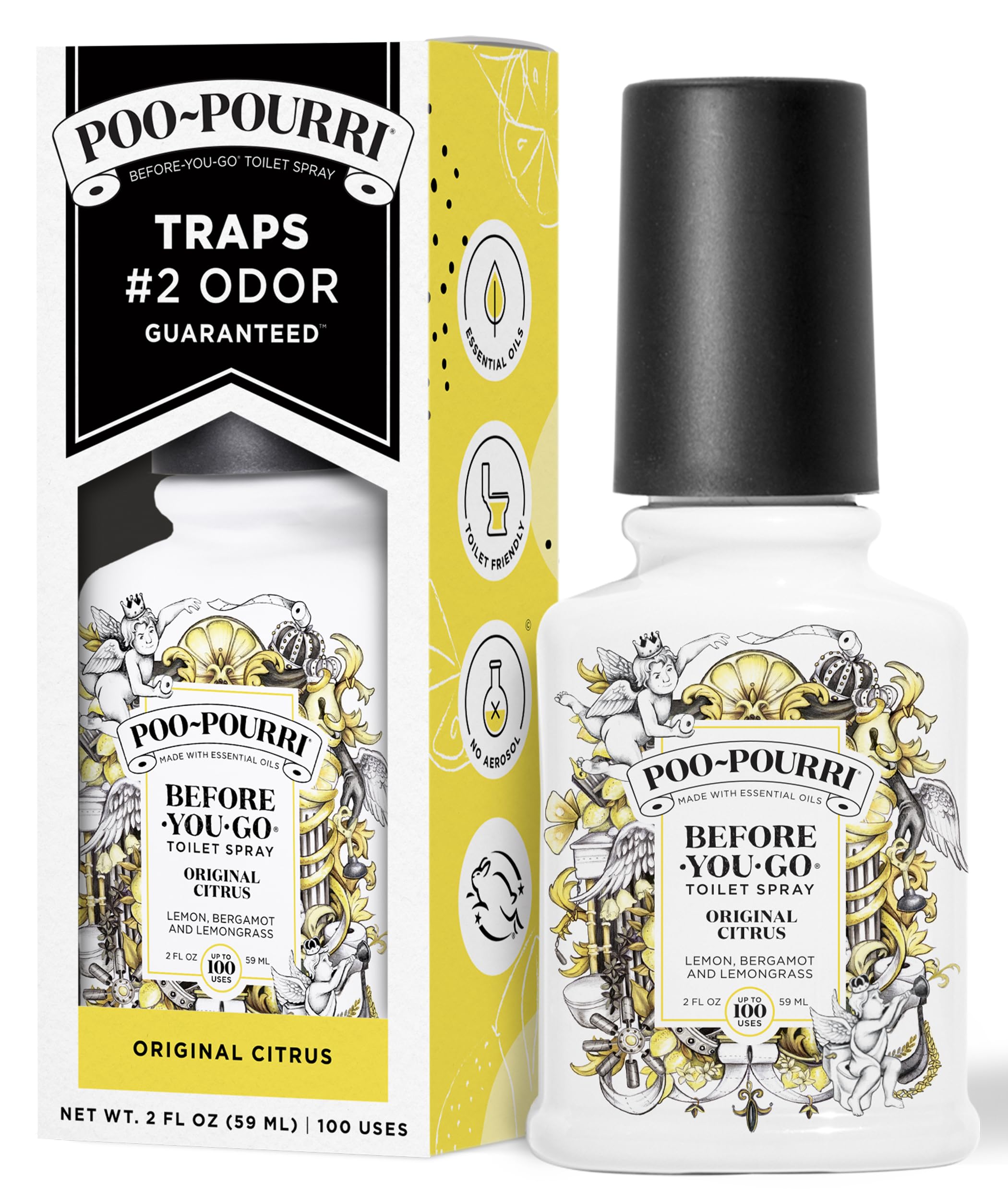 Poo-Pourri Before-You-Go Toilet Spray, Original Citrus, 2 Fl Oz, Up to 100 Uses, Bathroom Odor Deodorizer with Essential Oils for Home or Work, Travel Essentials, TSA Approved Size, Lemon Bergamot