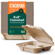100% Compostable Clamshell Take Out Food Containers [8X8" 3-Compartment 50-Pack] Heavy-Duty Quality to go Containers, Natural Disposable Bagasse, Eco-Friendly Biodegradable Made of Sugar Cane Fibers