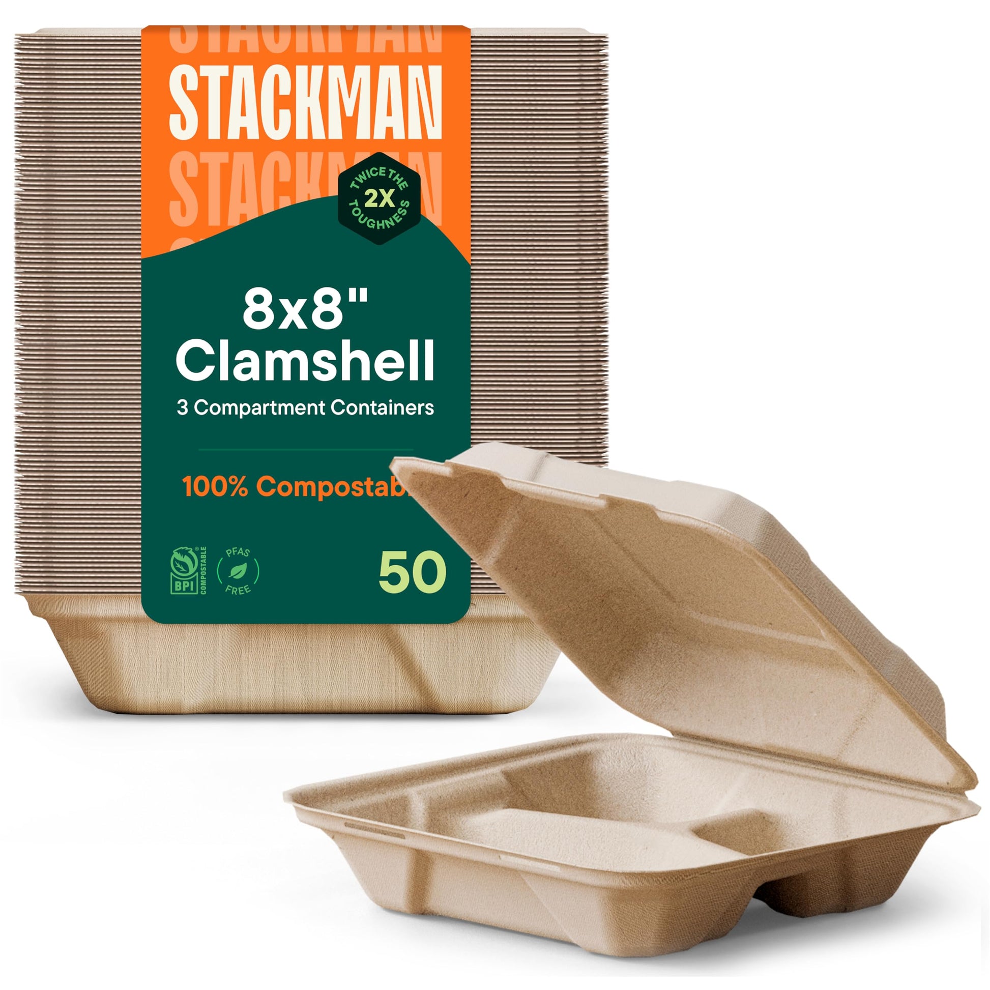 100% Compostable Clamshell Take Out Food Containers [8X8" 3-Compartment 50-Pack] Heavy-Duty Quality to go Containers, Natural Disposable Bagasse, Eco-Friendly Biodegradable Made of Sugar Cane Fibers