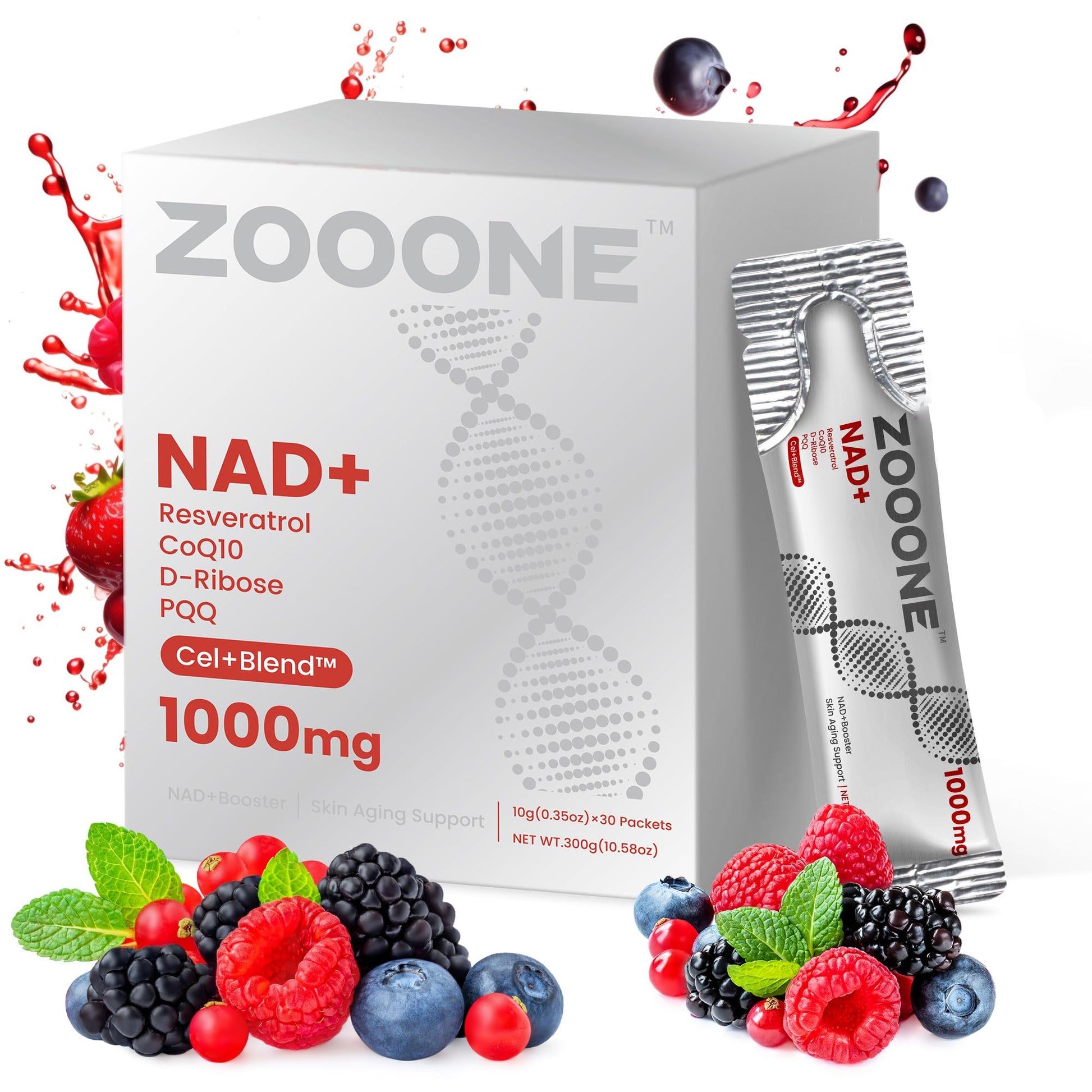 zooone NAD+ 1000mg Liquid Packets Supplement - Premium Nicotinamide Riboside & Resveratrol for Cellular Energy,Advanced NAD Booster for Men & Women (30 Pocket)