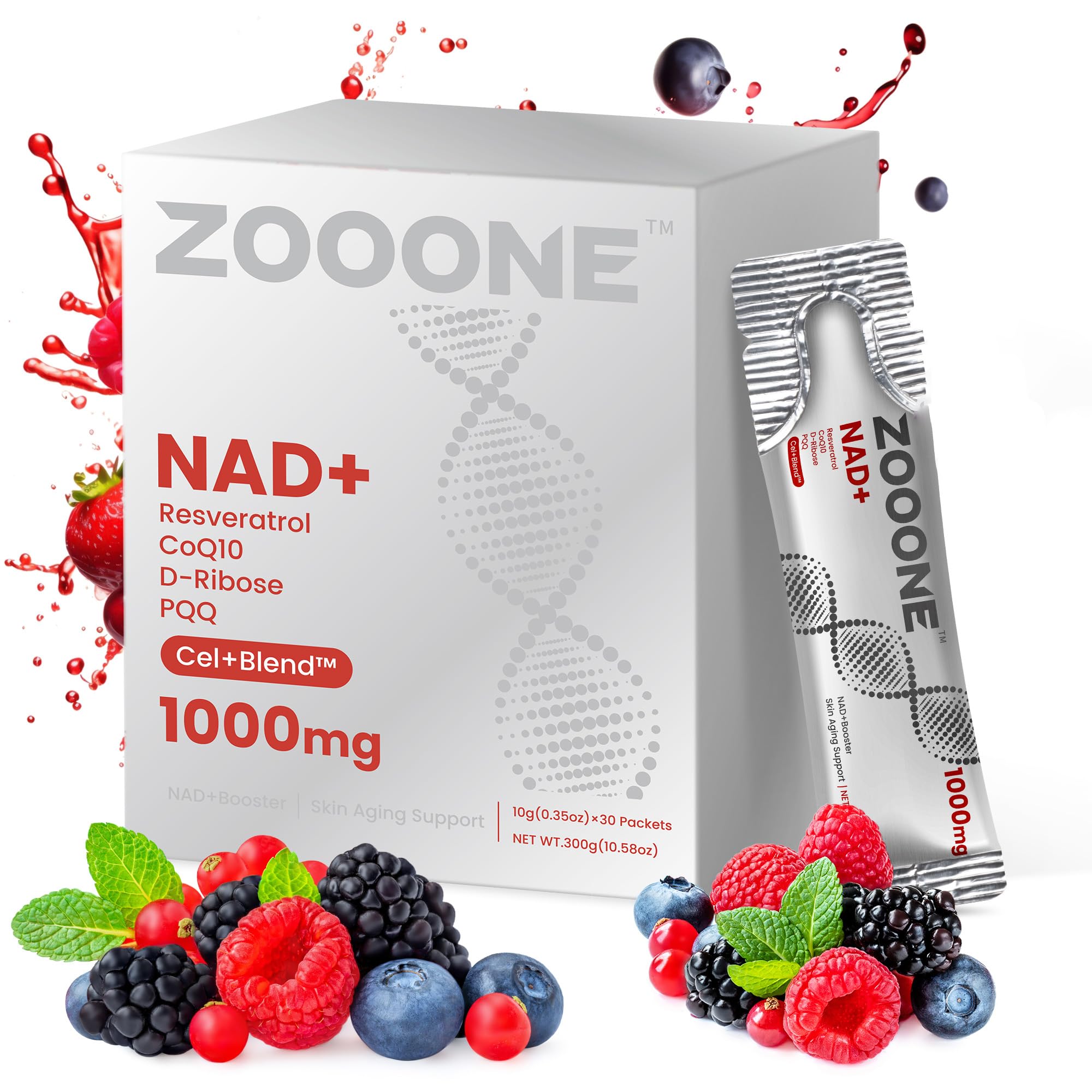 zooone NAD+ 1000mg Liquid Packets Supplement - Premium Nicotinamide Riboside & Resveratrol for Cellular Energy,Advanced NAD Booster for Men & Women (30 Pocket)