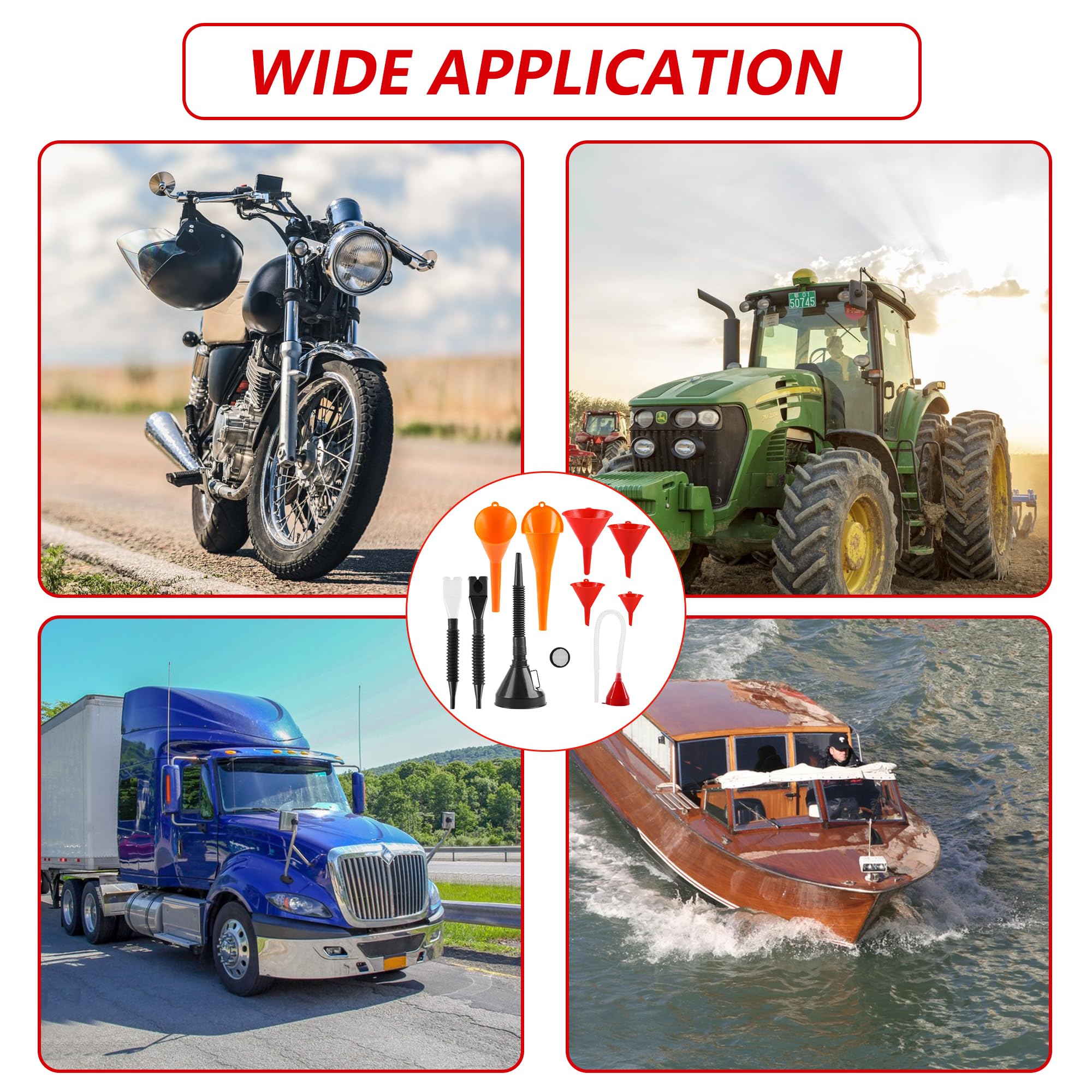 10 Pcs Automotive Funnels Set, Wide Mouth Fuel Funnels, Plastic Long Neck Oil Flexible Right Angle Funnelss, with Detachable Spout and Filter, Plastic Funnel Set for Water/Gasoline/Coolant/Engine Oil