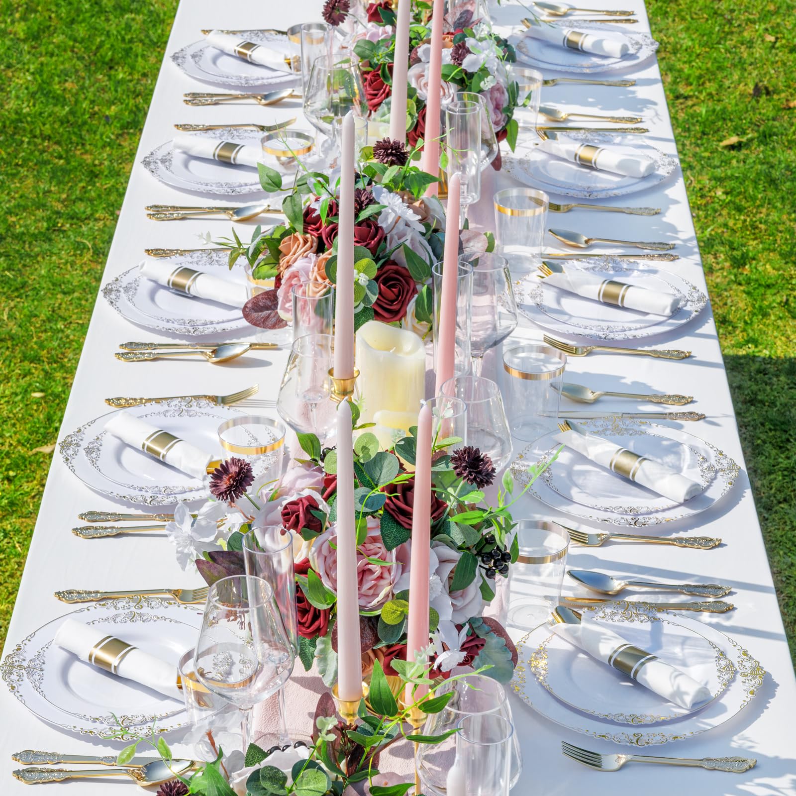 Nervure 350PCS Gold Plastic Plates - Gold Plastic Dinnerware Sets for 50 Guests - 100 Disposable Plates, 150 Silverware, 50 Cups, 50 Napkins for Wedding & Party & Thanksgiving