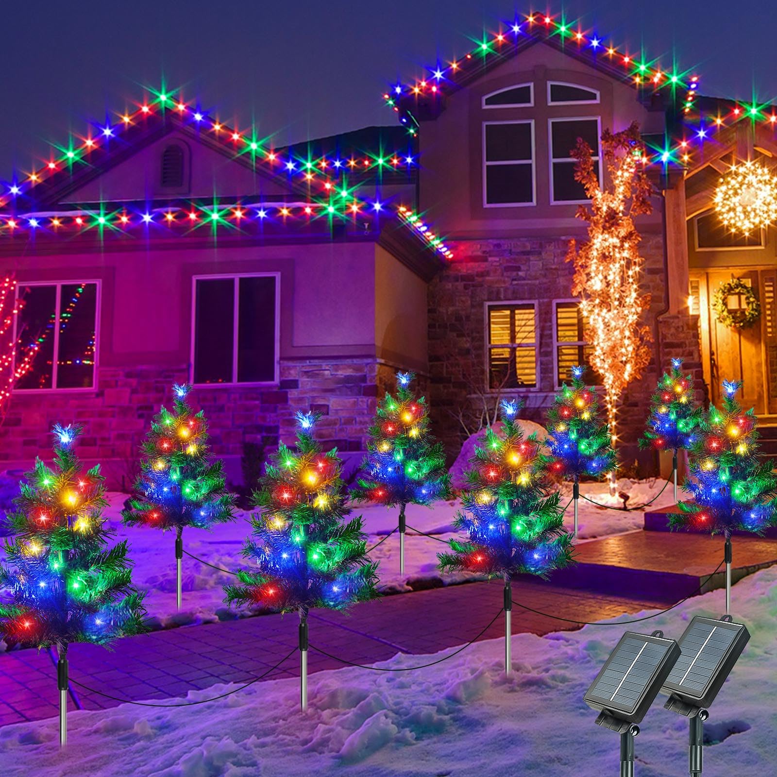 8-Pack Solar Christmas Tree Garden Stake Lights, Solar Powered Yard Landscape Path Lights Prelit Small Xmas Tree Lights Outdoor Waterproof for Christmas Decorations Pathway Garden Yard Holiday Party