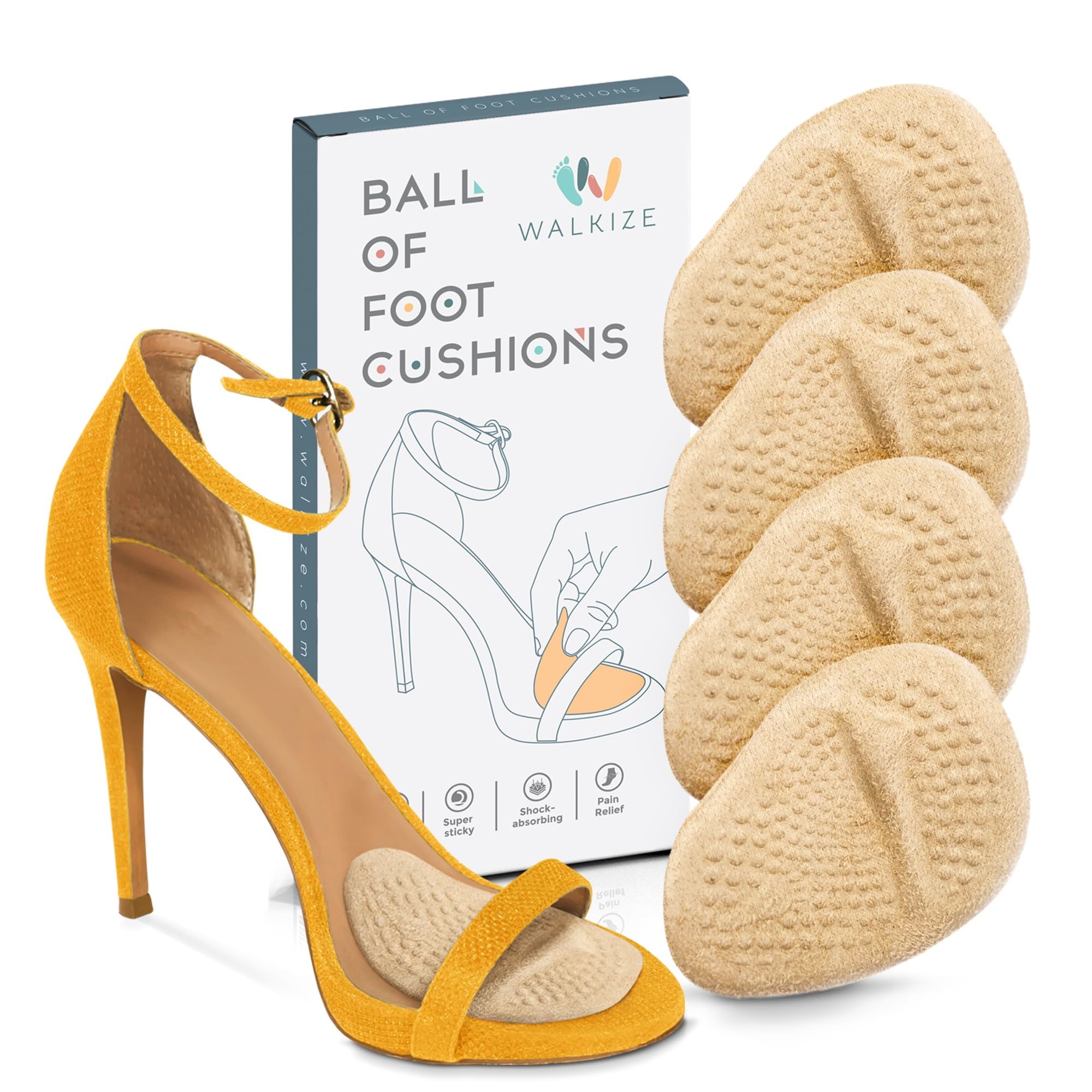 Walkize Metatarsal Pads Women | Heel Inserts for Women | Ball of Foot Cushions (2 Pairs Foot Pads) All Day Pain Relief and Comfort One Size Fits Shoe Inserts (Beige)