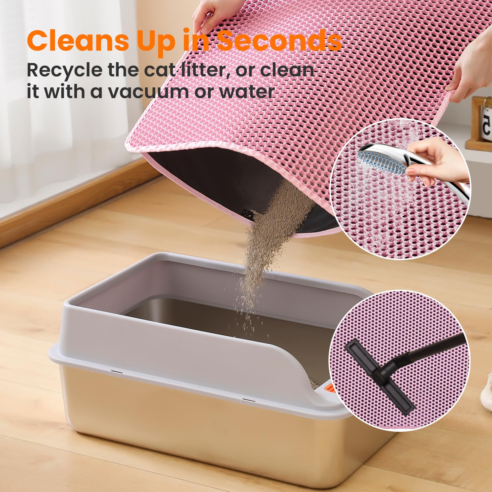 Petinstinct Cat Litter Mat, 24x18 Inches Large Double Layer Honeycomb Cat Litter Trapping Mat, Non Slip Waterproof Urine Proof Cat Litter Box Mat for Floor, Kitty Litter Rug, Cat Supplies, Pink