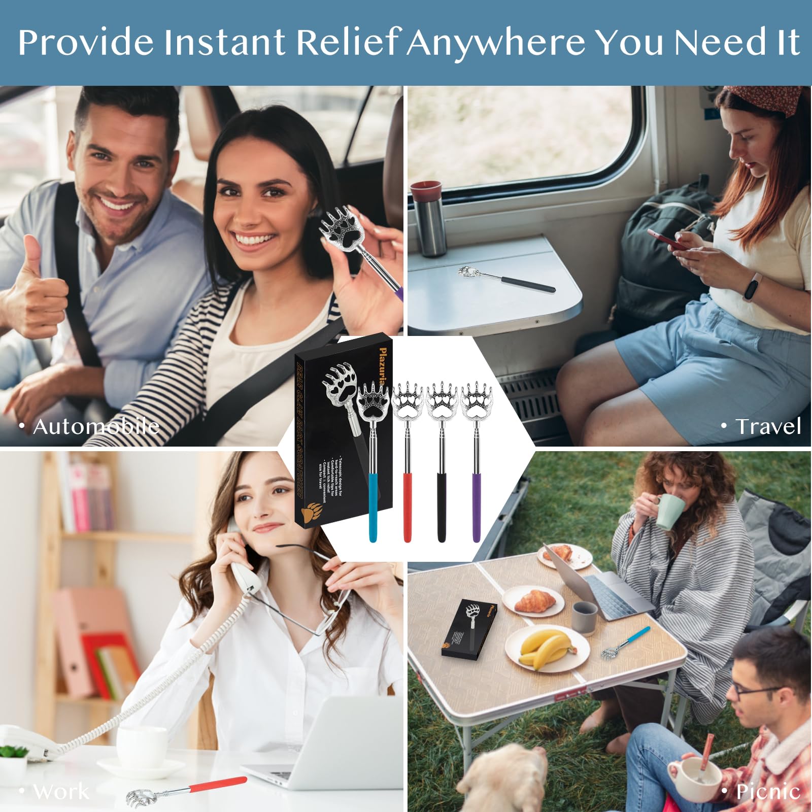 (4-Pack) Extendable Back Scratchers - Metal Claws with Telescopic Rubber Handles - Stocking Stuffers for Men, Women, Kids - Christmas Gift